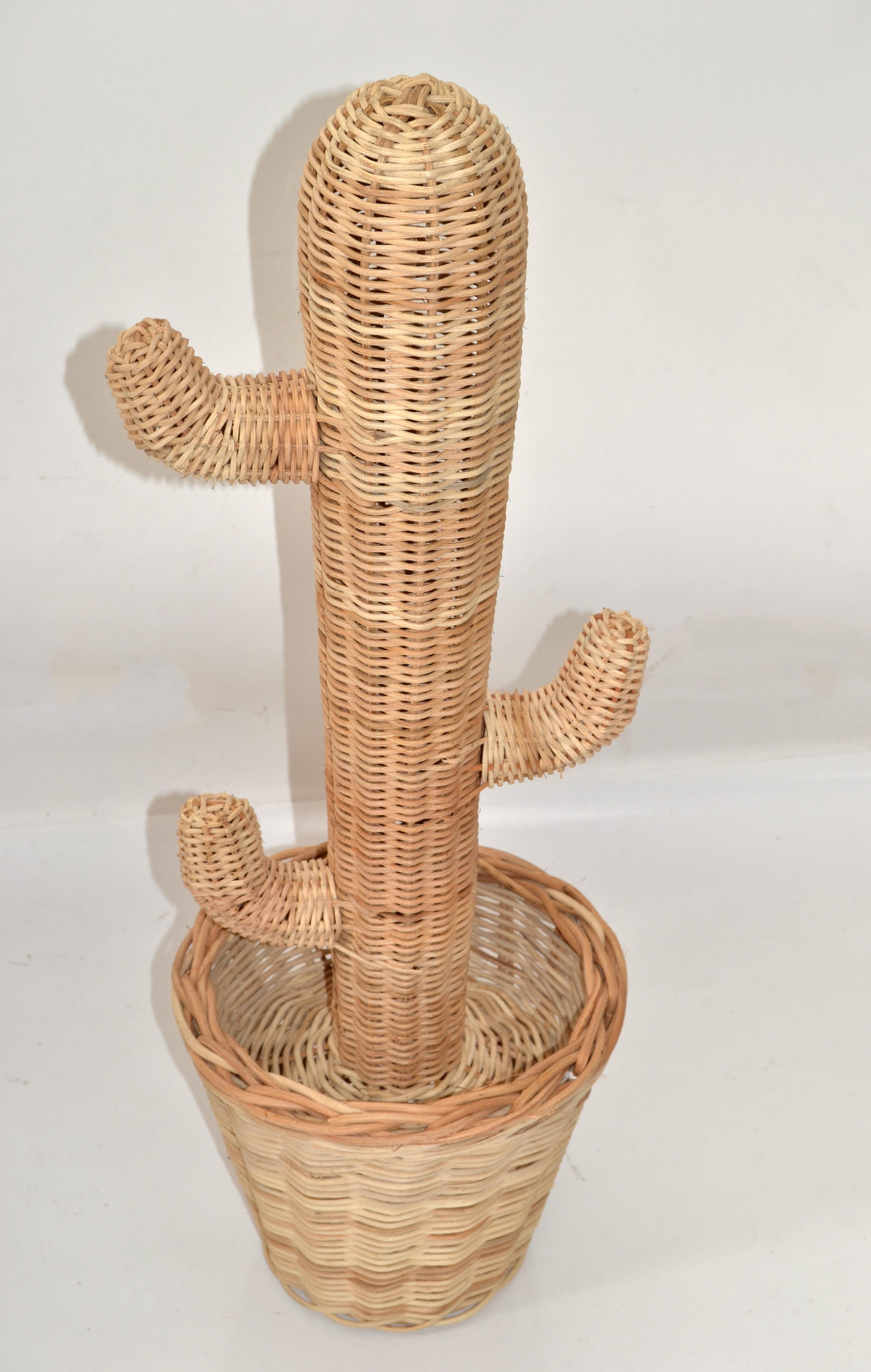 Hand-Woven Rattan Cactus Pot Sculpture 1970 Bohemian Mario Lopez Torres Style For Sale 4