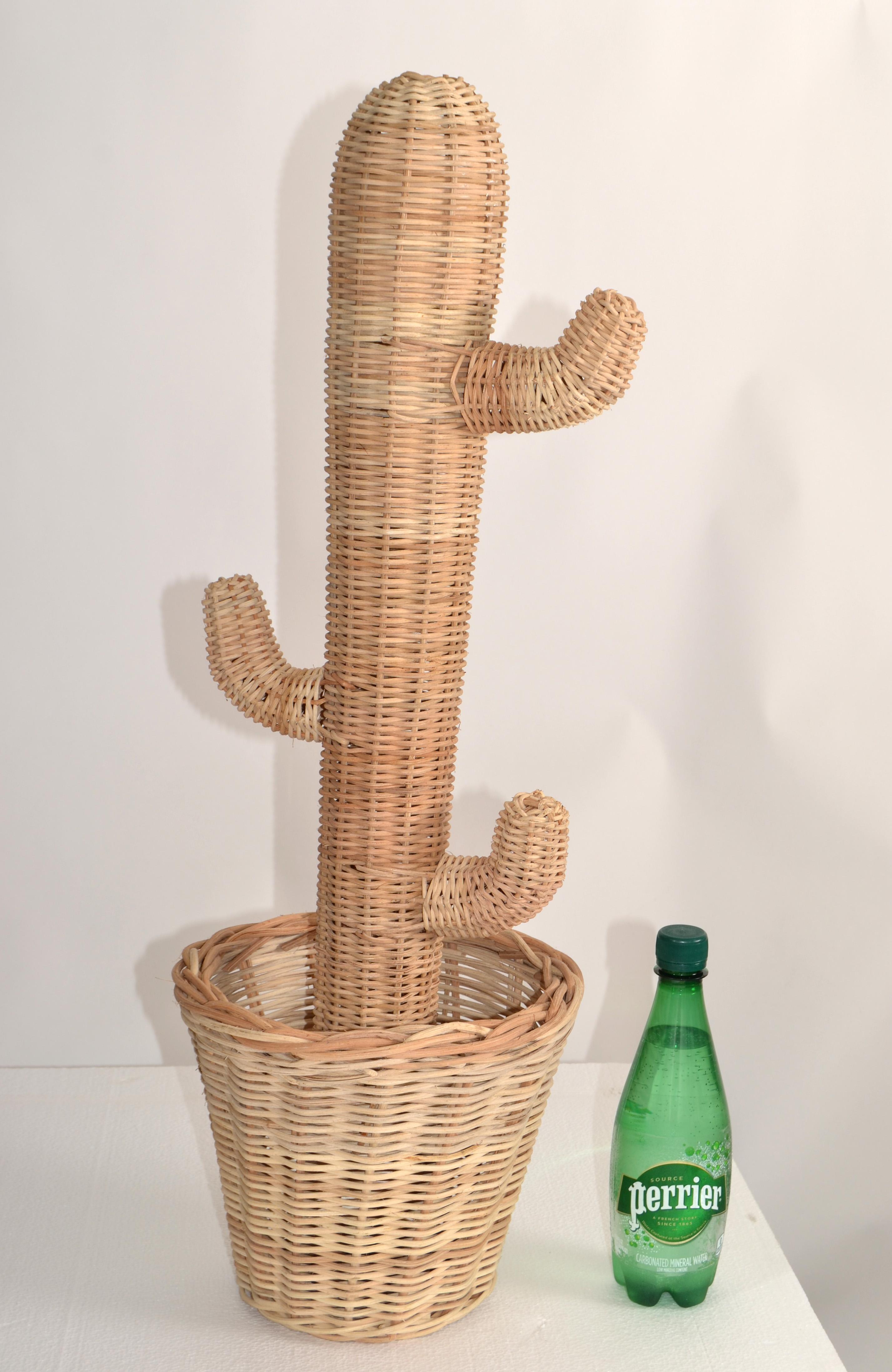 American Hand-Woven Rattan Cactus Pot Sculpture 1970 Bohemian Mario Lopez Torres Style For Sale