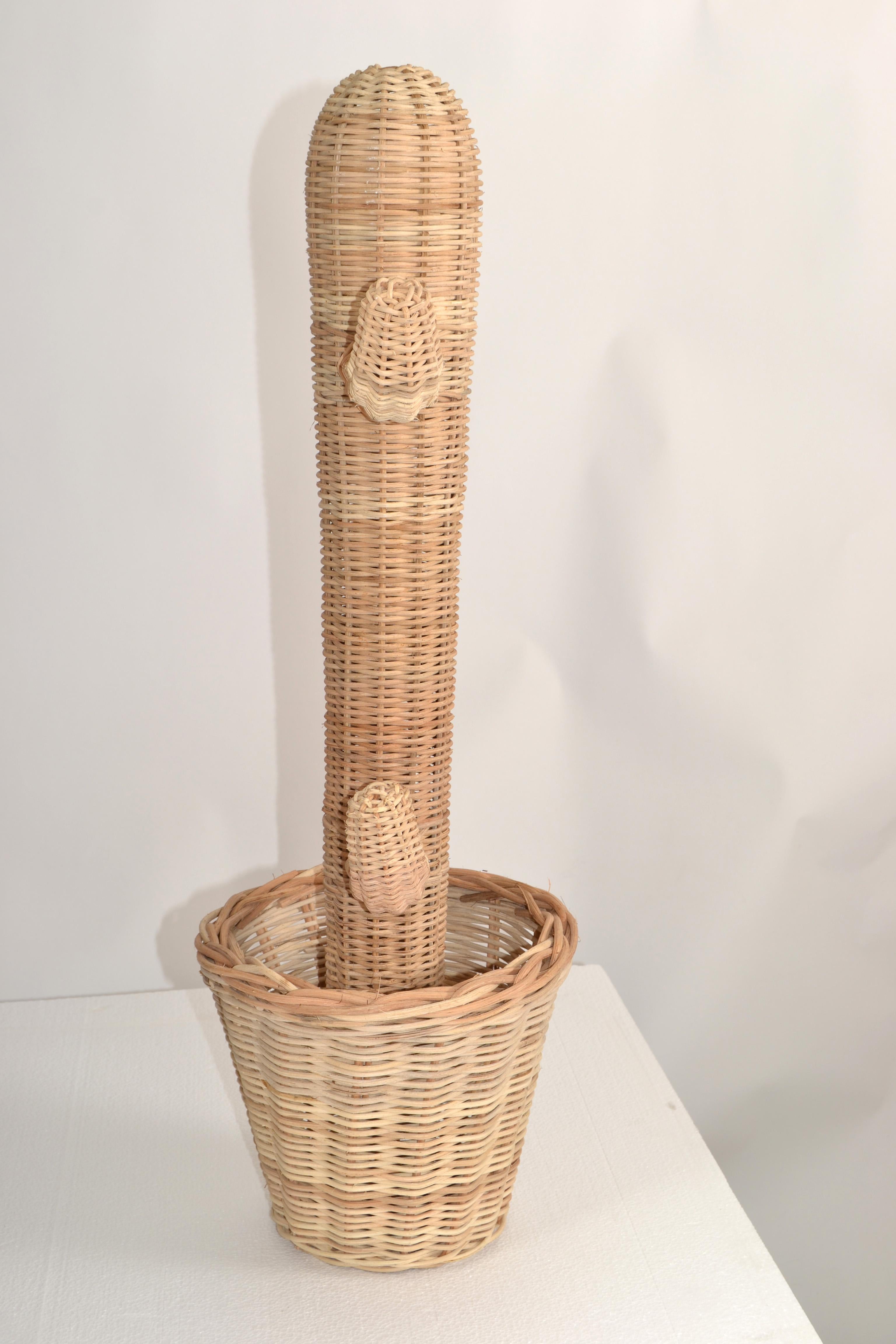 Hand-Woven Rattan Cactus Pot Sculpture 1970 Bohemian Mario Lopez Torres Style In Good Condition For Sale In Miami, FL