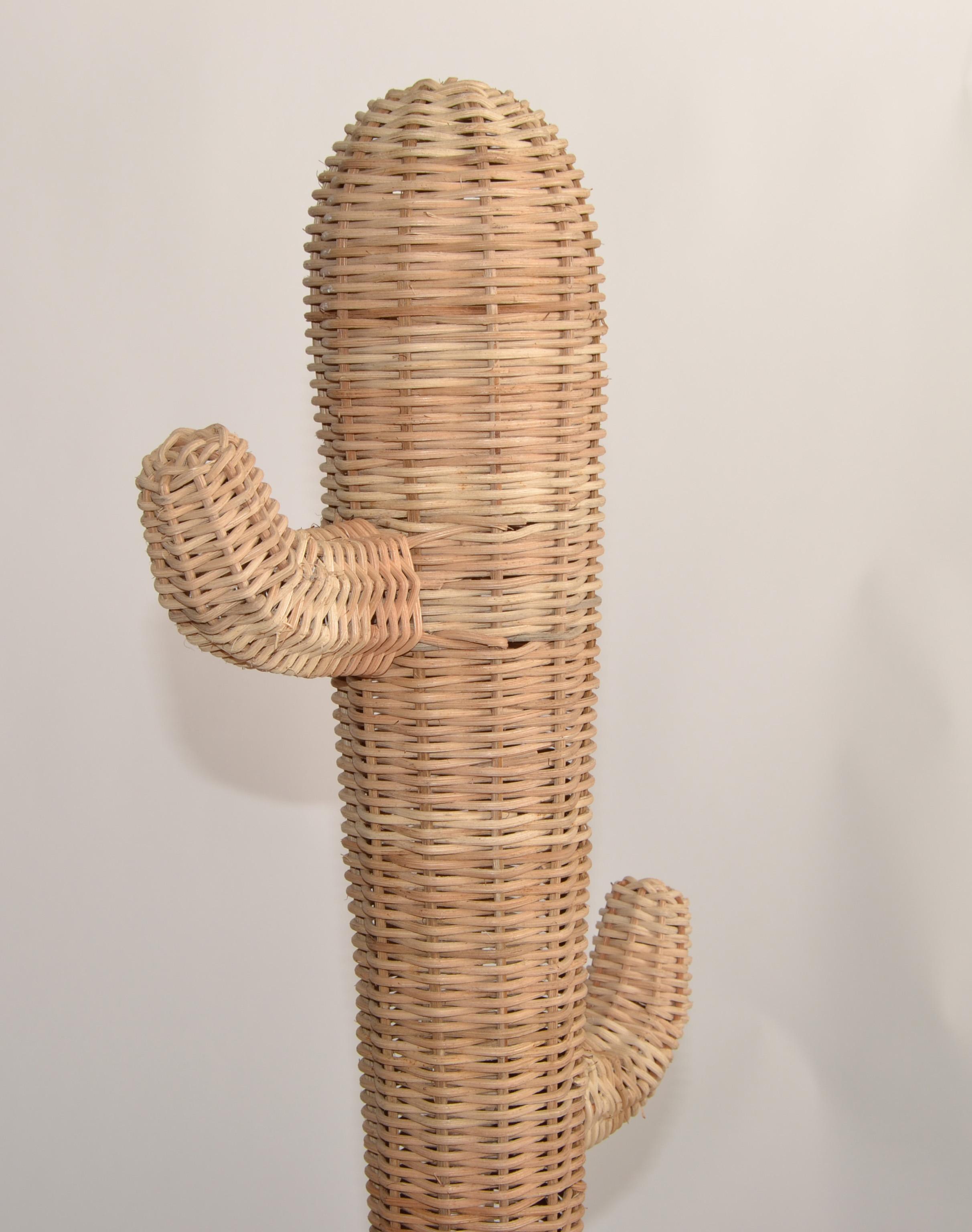 20th Century Hand-Woven Rattan Cactus Pot Sculpture 1970 Bohemian Mario Lopez Torres Style For Sale