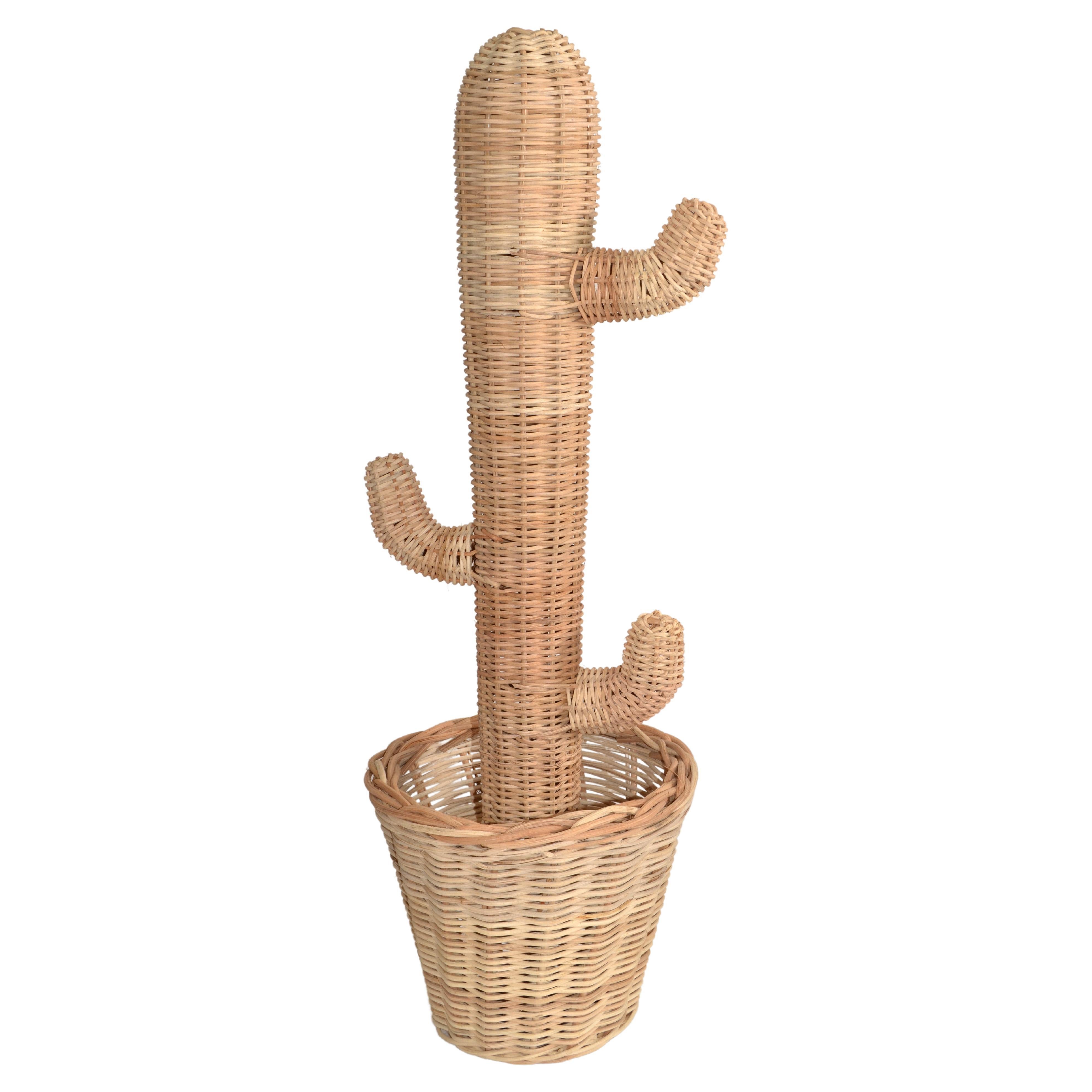Hand-Woven Rattan Cactus Pot Sculpture 1970 Bohemian Mario Lopez Torres Style For Sale