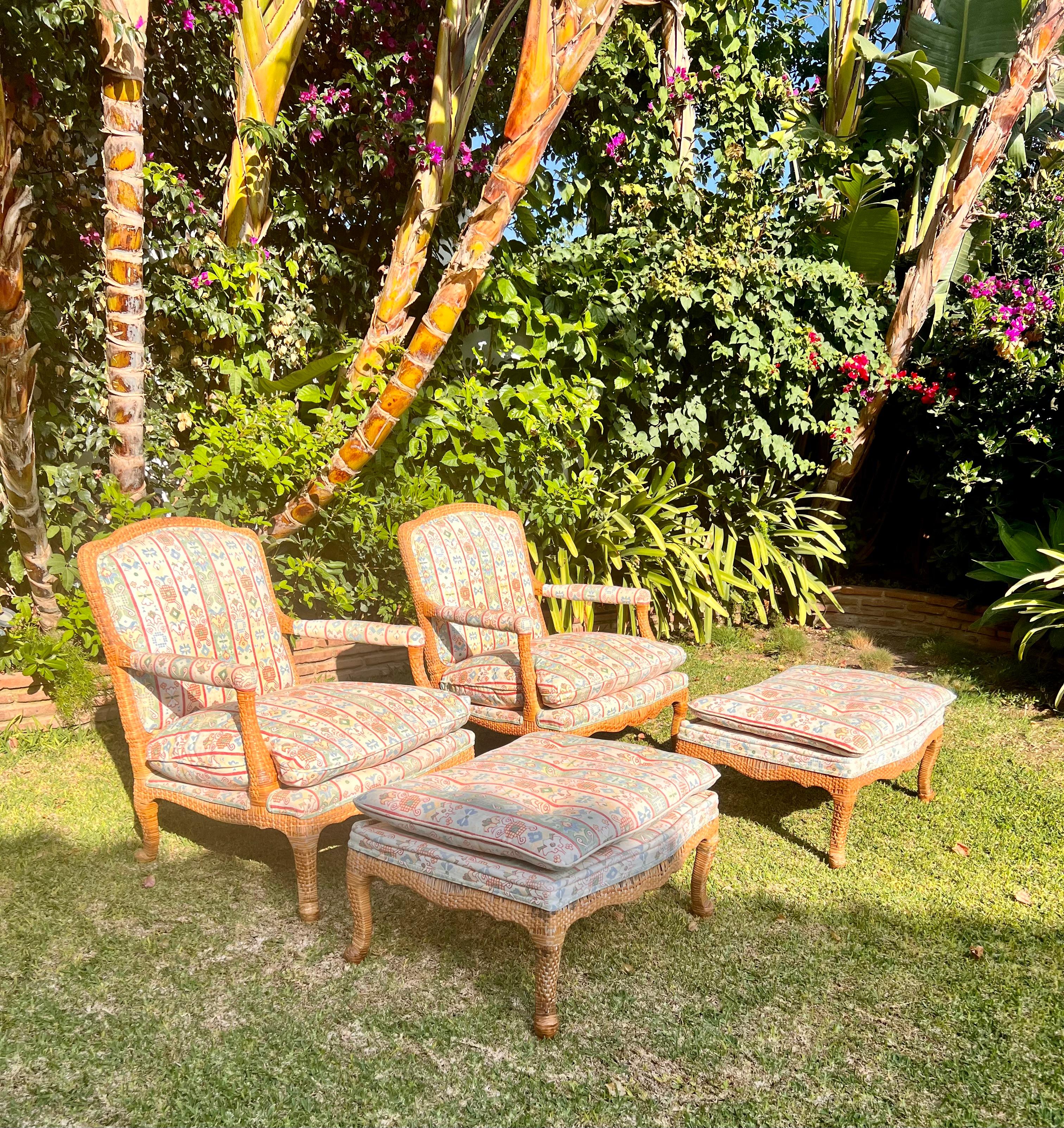 Bohemian  Bergerer Arm Chairs with Matching Puffs hand woven ratan wicker cane  For Sale