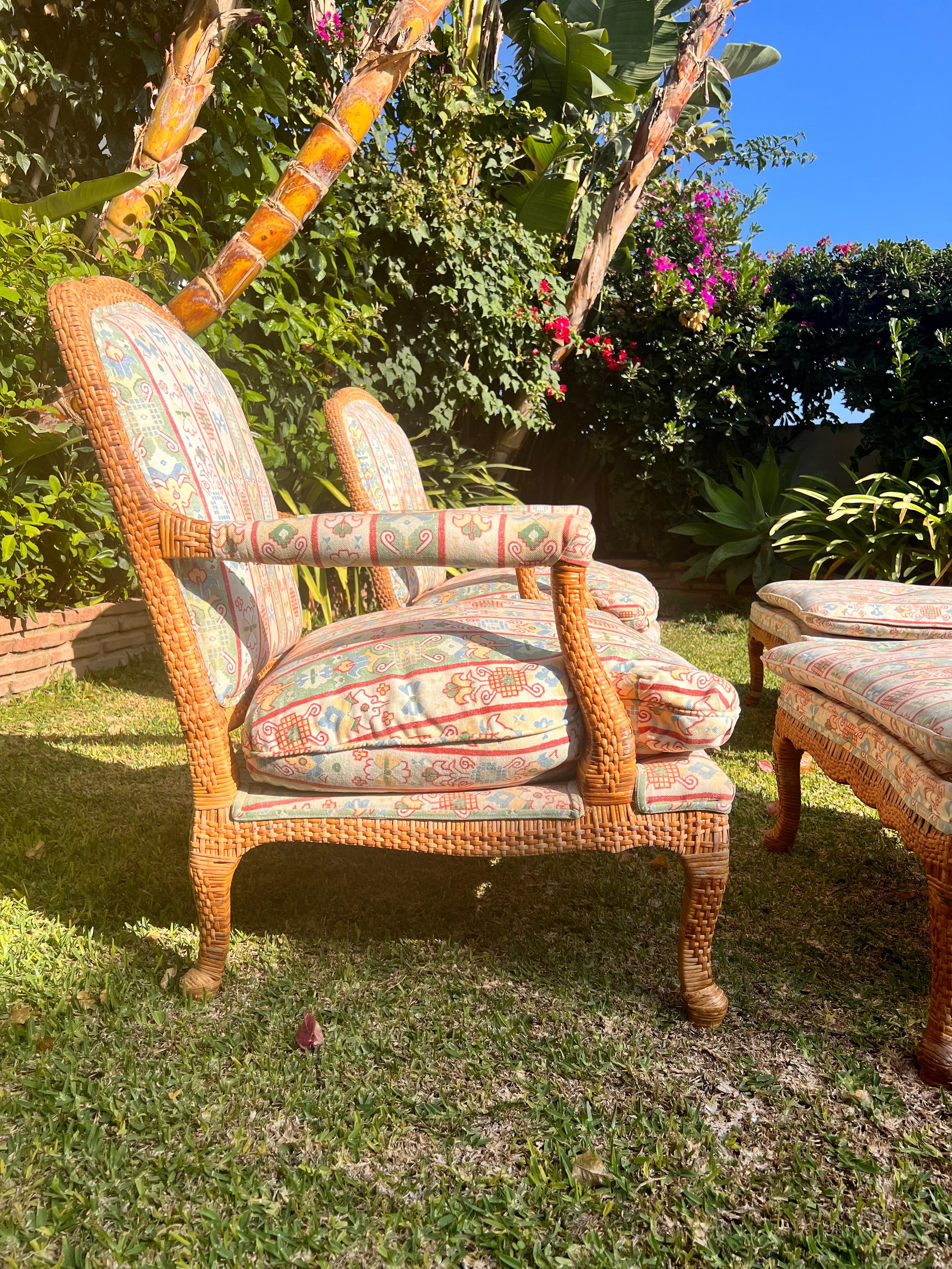 Spanish  Bergerer Arm Chairs with Matching Puffs hand woven ratan wicker cane  For Sale