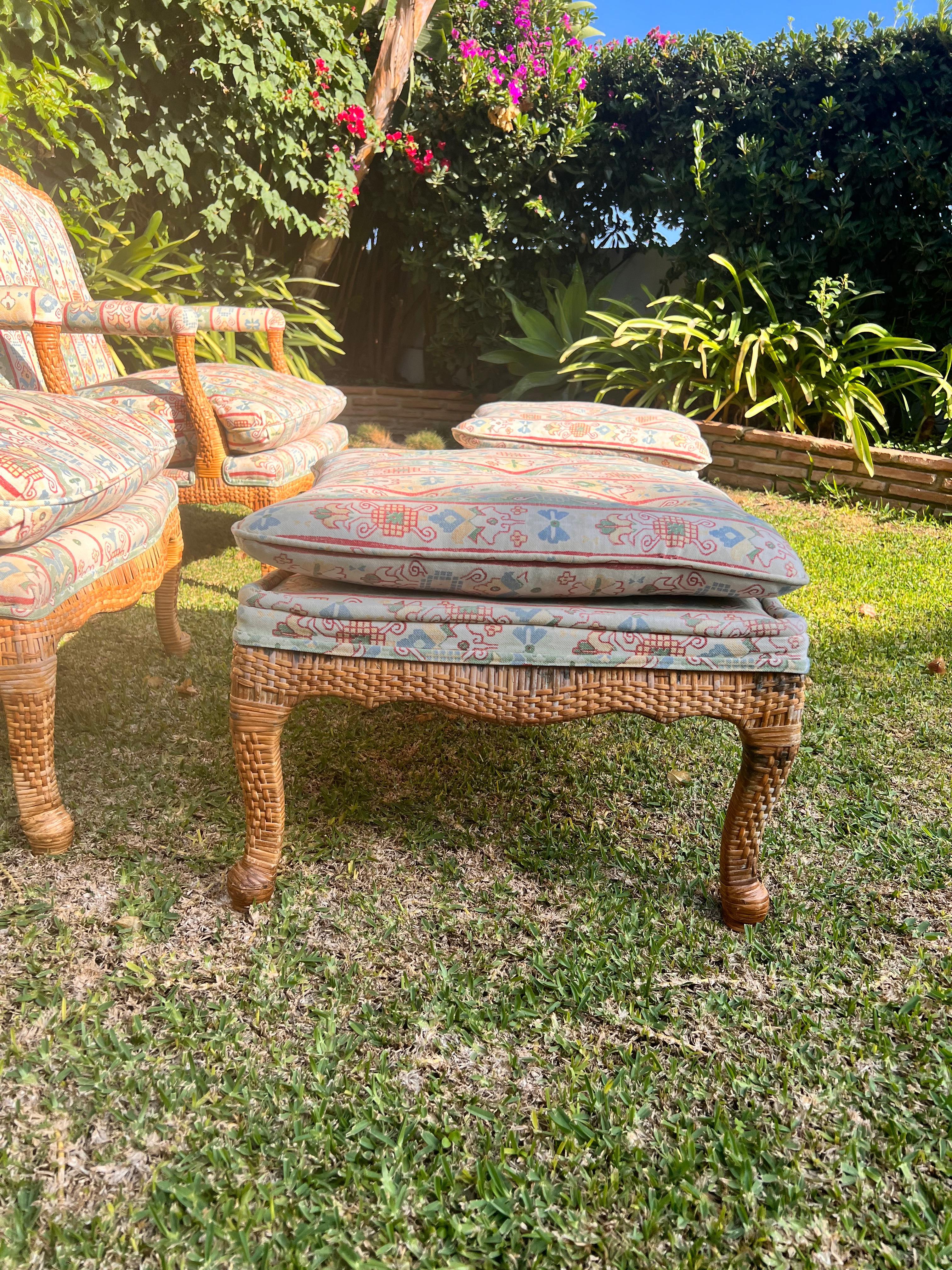 Patinated  Bergerer Arm Chairs with Matching Puffs hand woven ratan wicker cane  For Sale