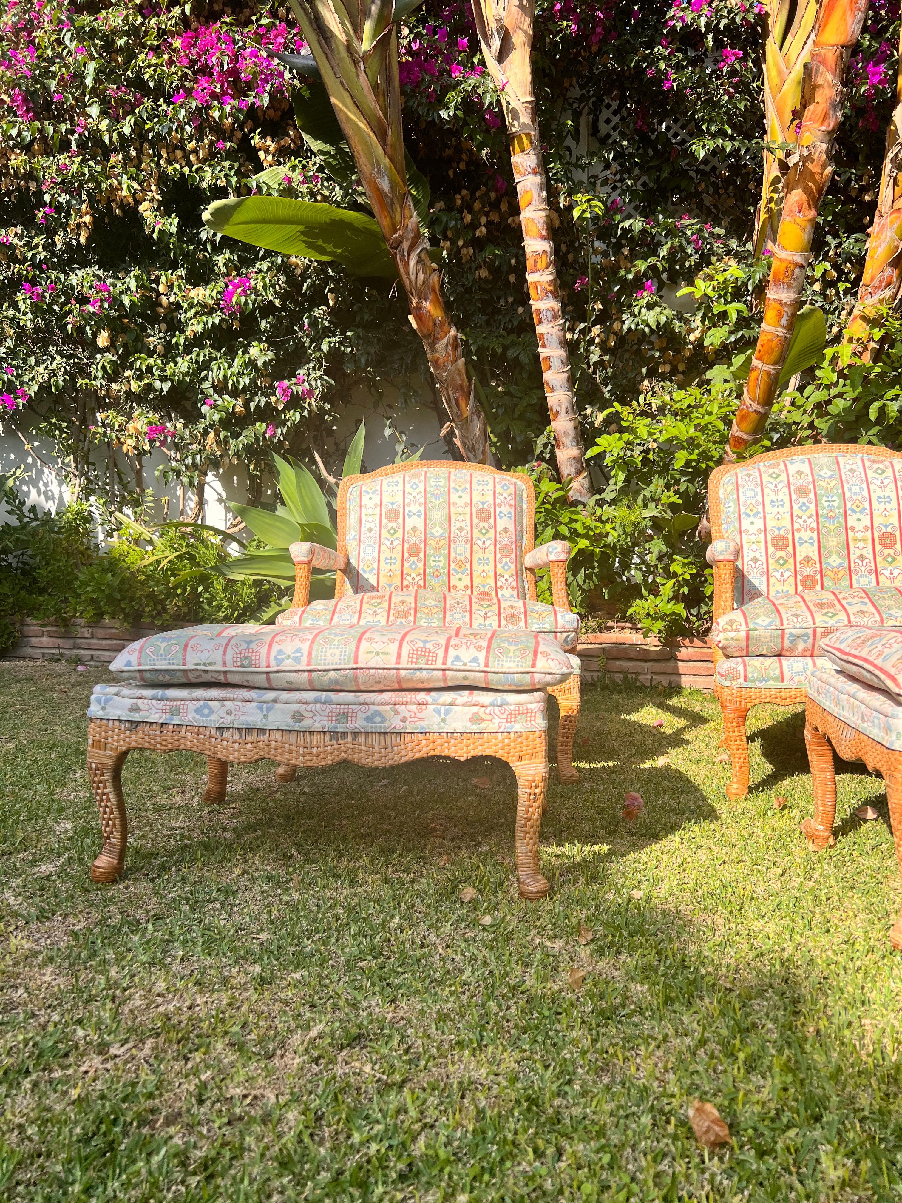 Late 20th Century  Bergerer Arm Chairs with Matching Puffs hand woven ratan wicker cane  For Sale
