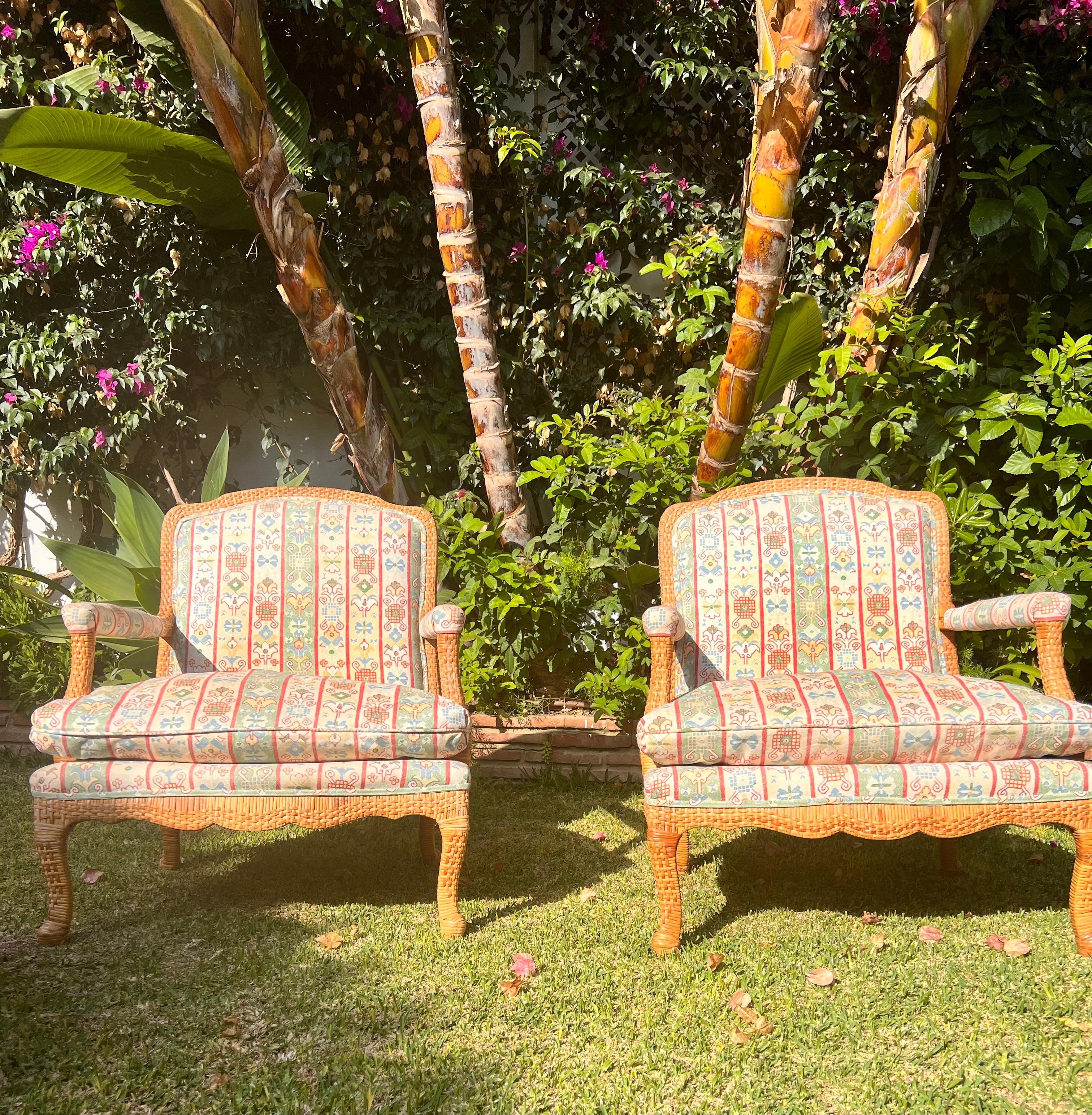 Rattan  Bergerer Arm Chairs with Matching Puffs hand woven ratan wicker cane  For Sale