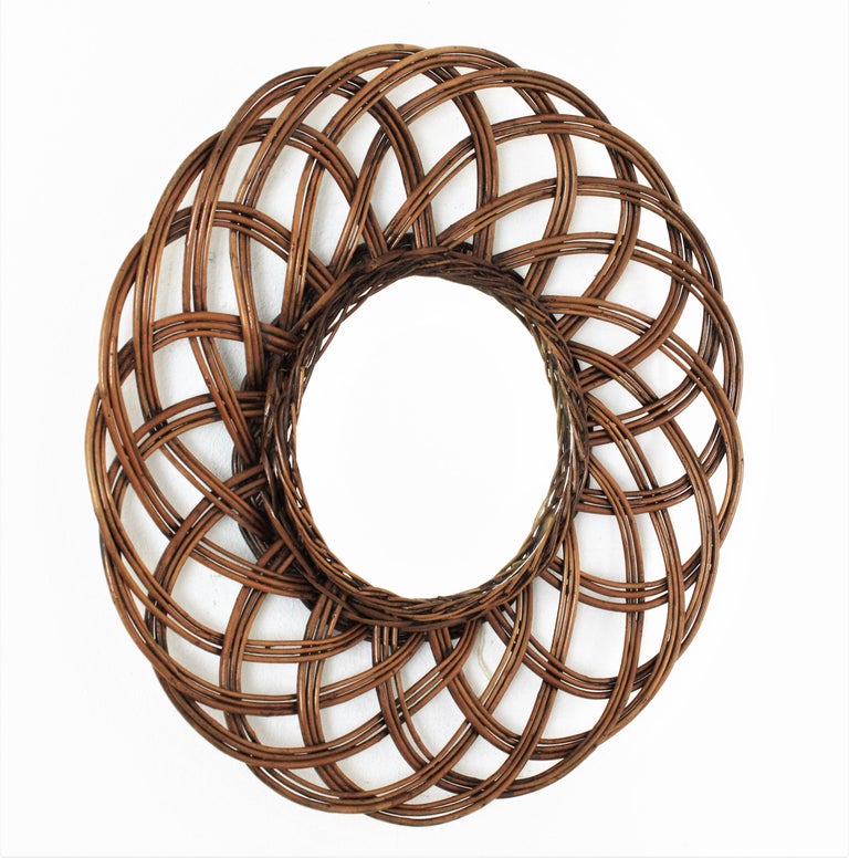 Rattan HandWoven Flower Sunburst Mirror, 1960s For Sale at 1stDibs