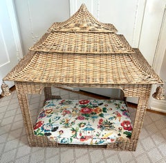 Pagoda Dog Bed with Asian Cushion Hand Woven Rattan and Bell Details