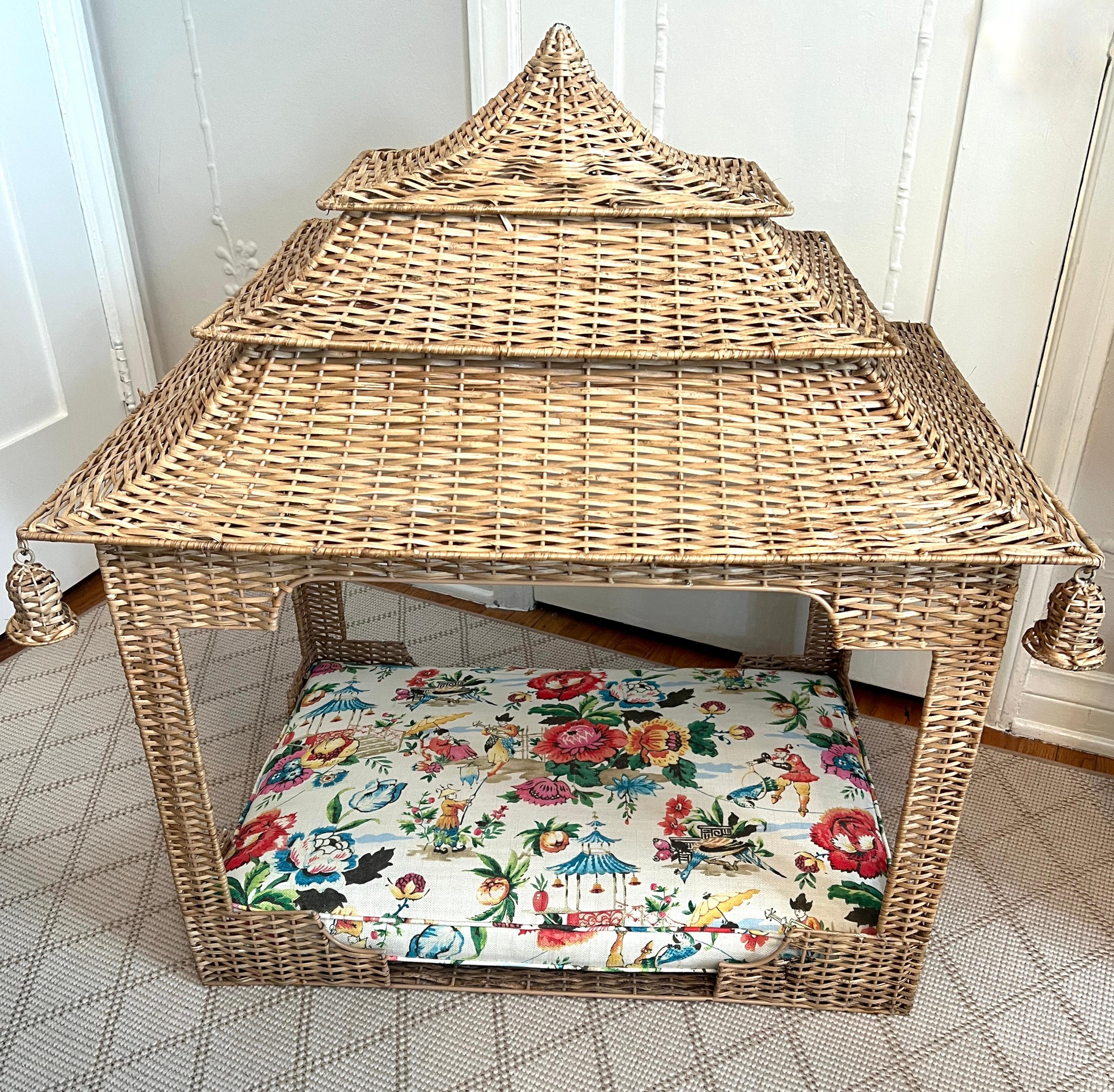 Chinoiserie Hand Woven Rattan Pagoda Dog Bed with Asian Fabric and Special Rattan Details For Sale