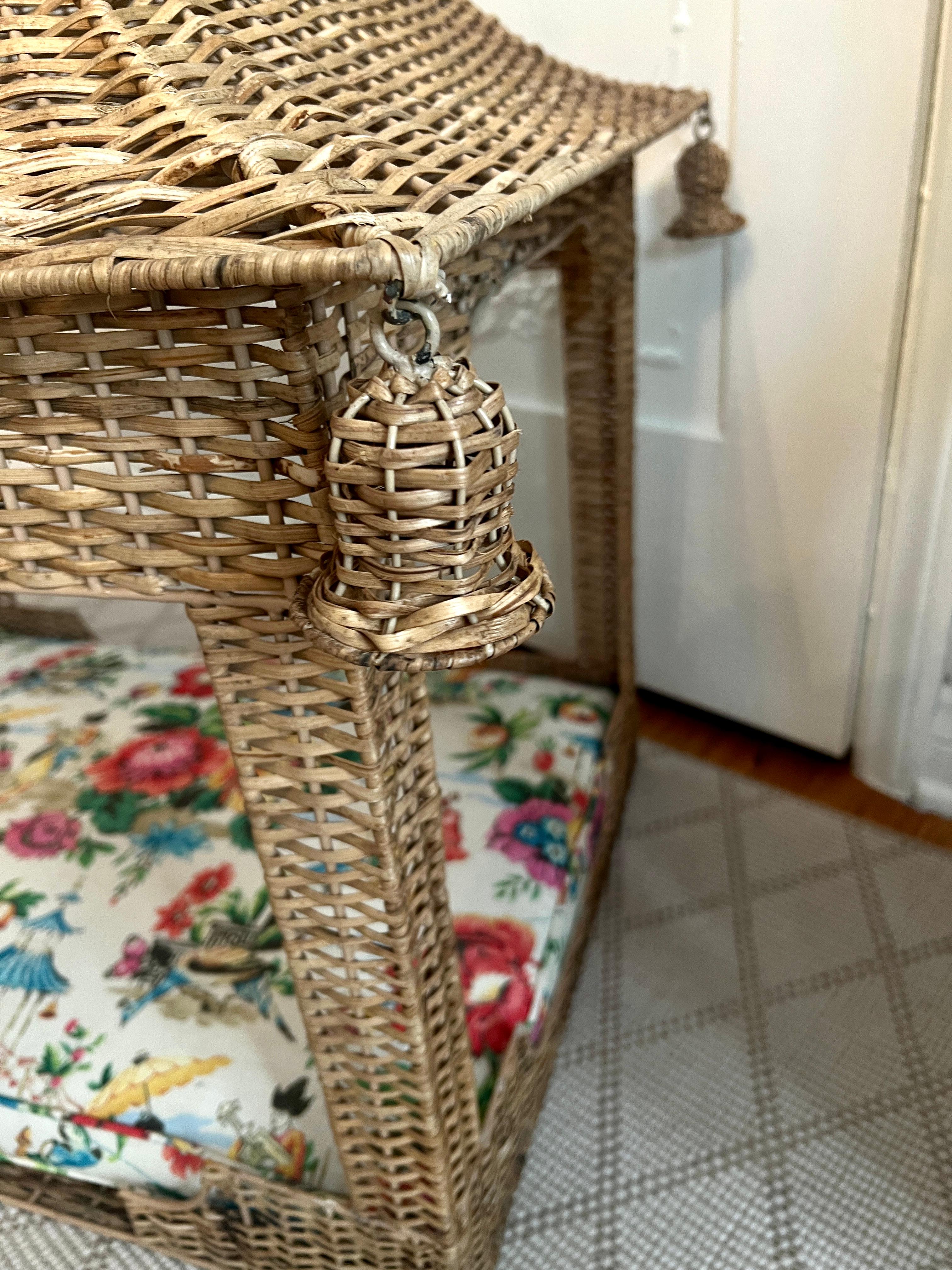 Hand Woven Rattan Pagoda Dog Bed with Asian Fabric and Special Rattan Details In Good Condition For Sale In Los Angeles, CA