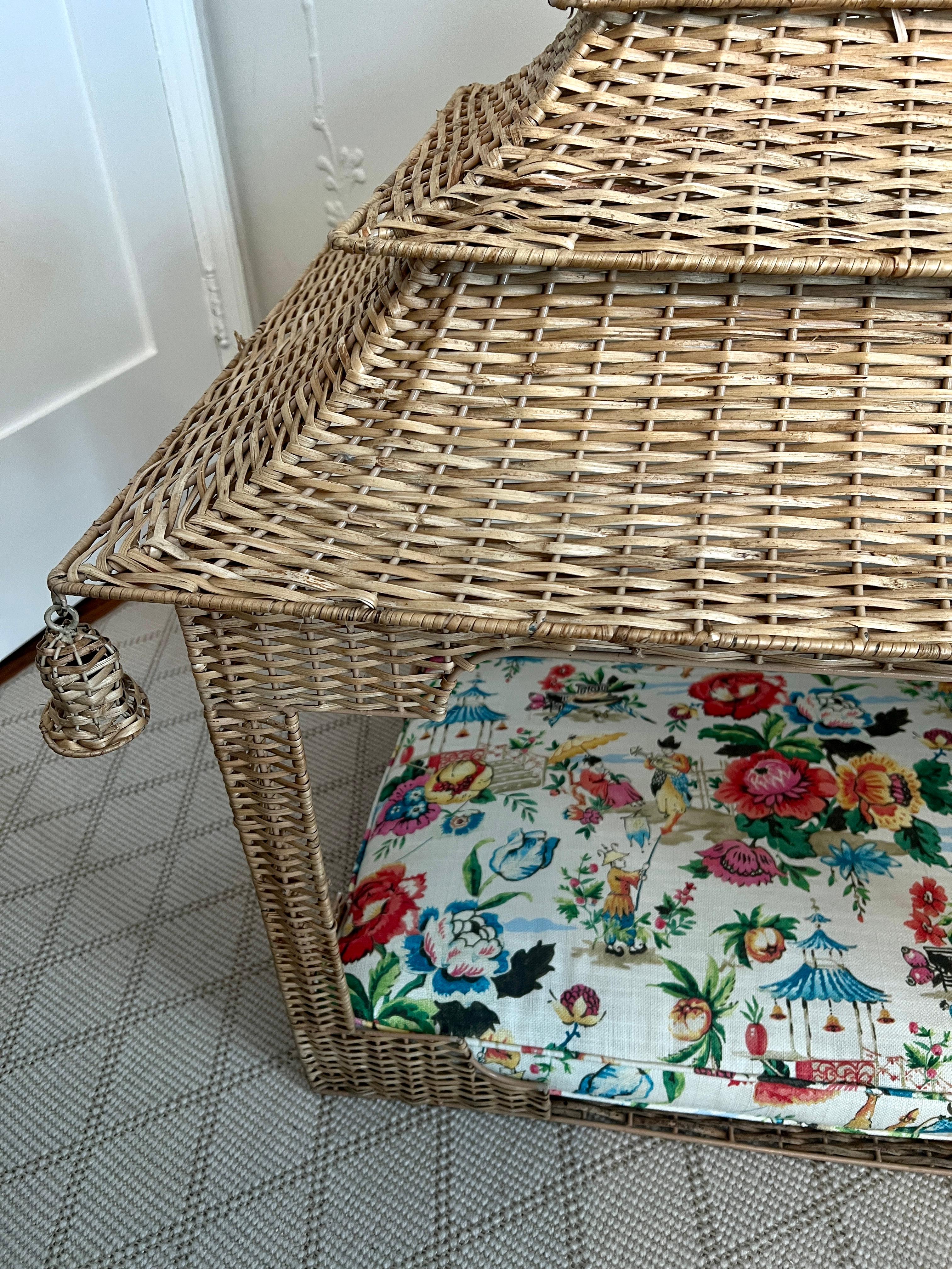 Metal Hand Woven Rattan Pagoda Dog Bed with Asian Fabric and Special Rattan Details For Sale