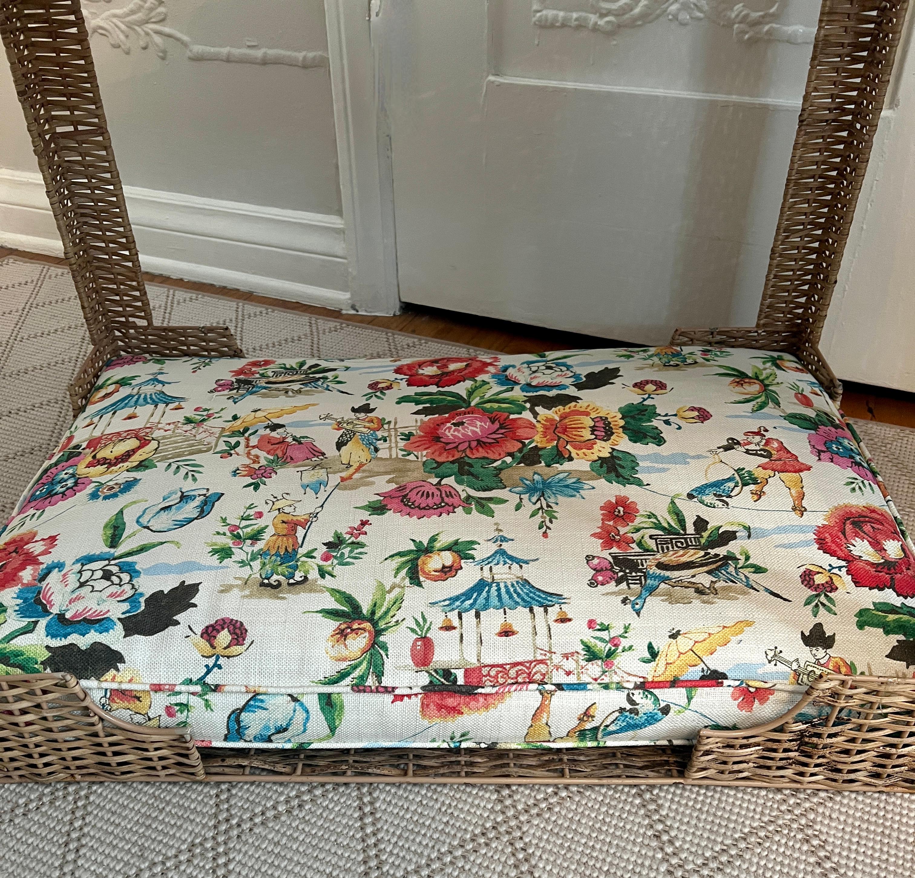 Hand Woven Rattan Pagoda Dog Bed with Asian Fabric and Special Rattan Details For Sale 2