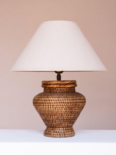 Hand-Woven Rattan Table Lamp, Linen Shade & Swivel Socket, Belgium 1970s