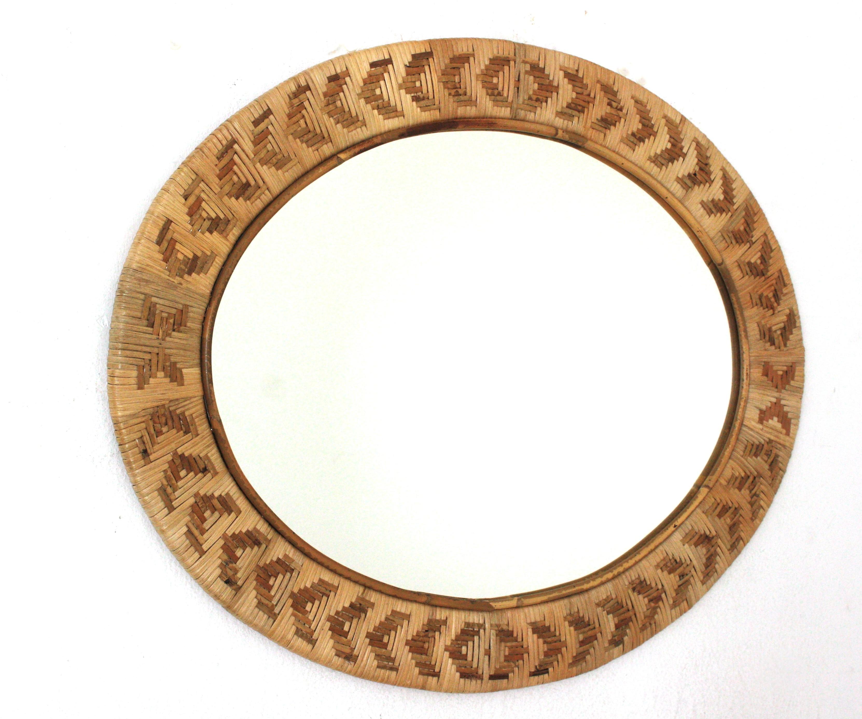 Mid-Century Modern Spanish Rattan Wicker Hand Woven Oval Mirror, 1960s For Sale