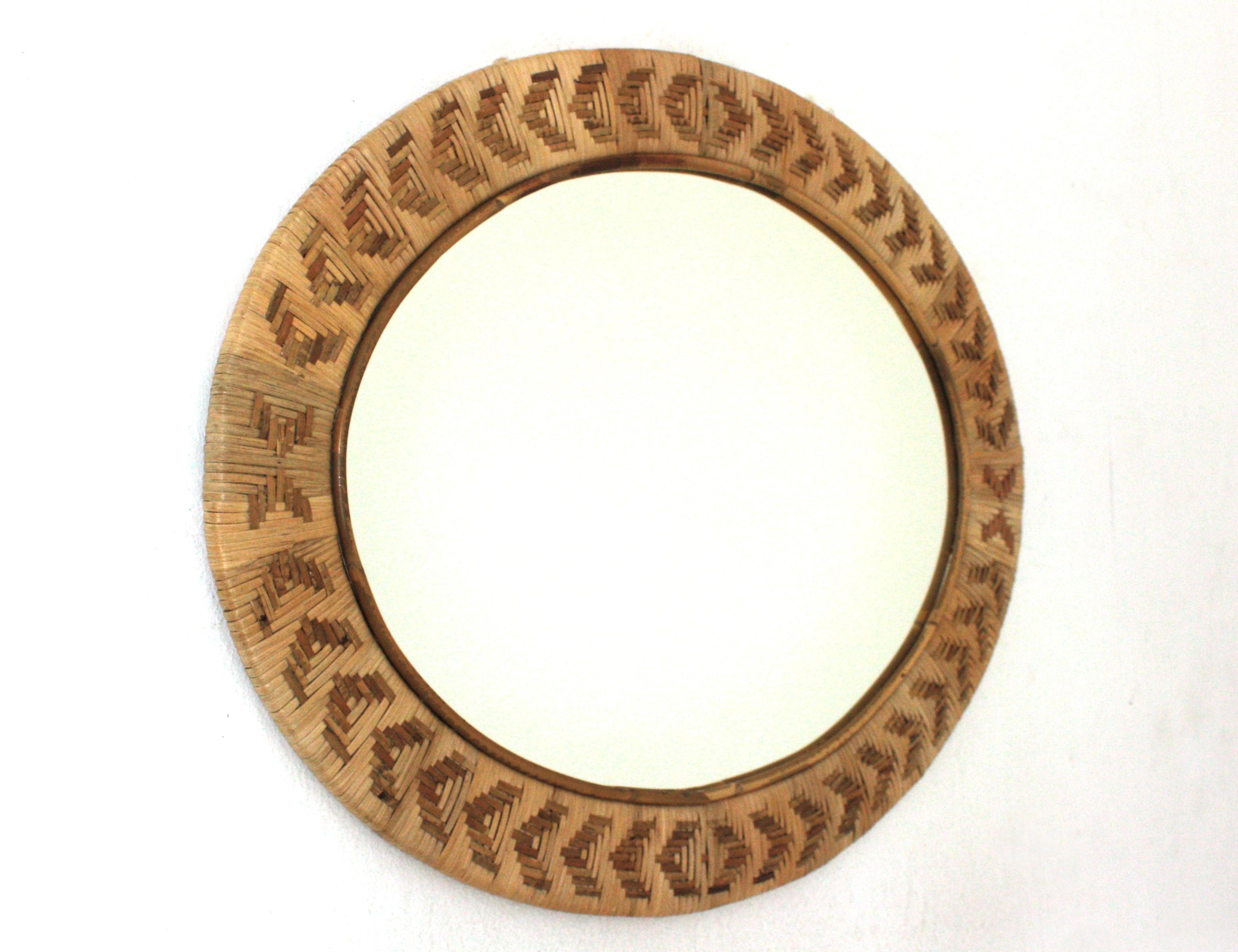 Hand-Crafted Spanish Rattan Wicker Hand Woven Oval Mirror, 1960s For Sale