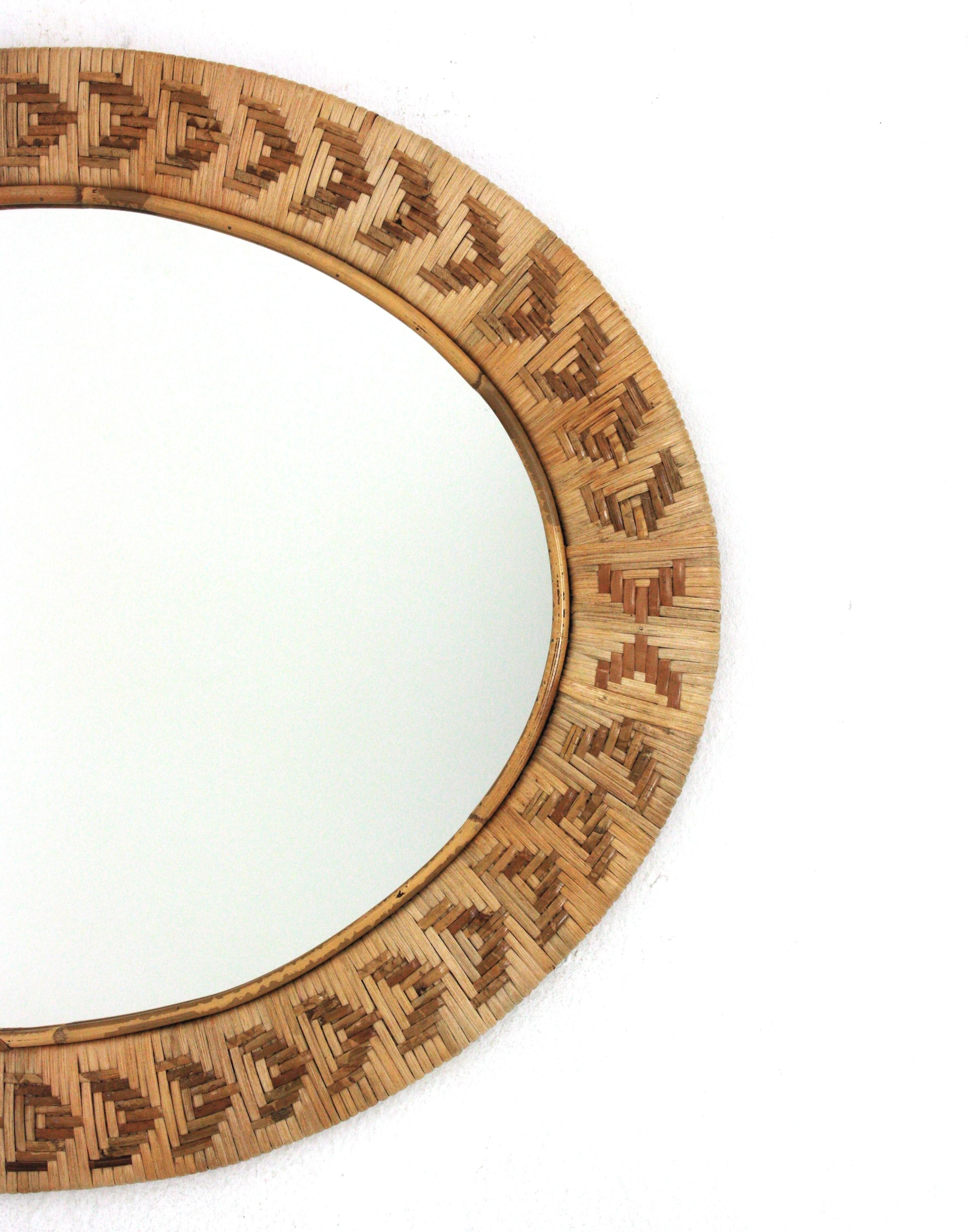 20th Century Spanish Rattan Wicker Hand Woven Oval Mirror, 1960s For Sale