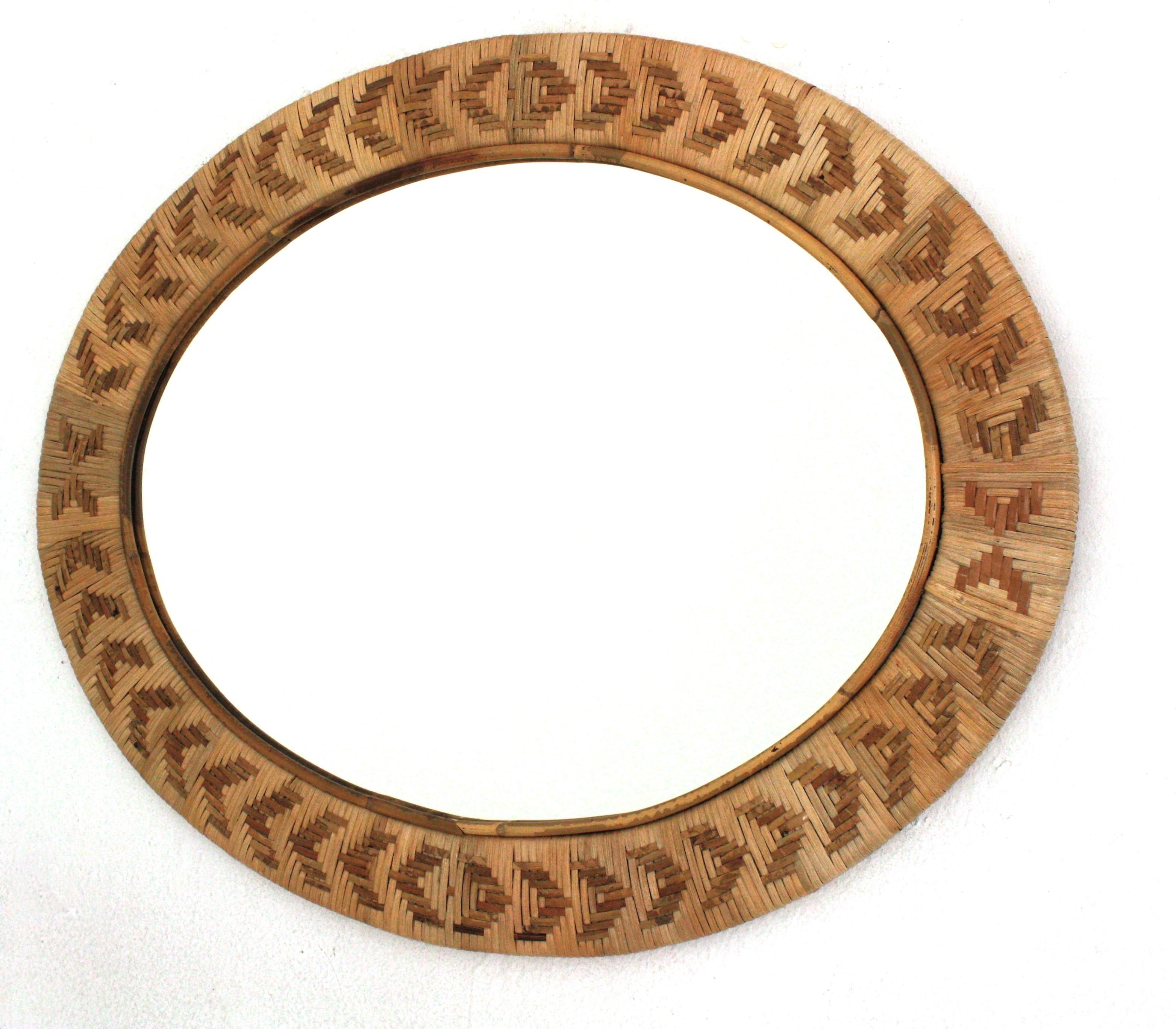 Spanish Rattan Wicker Hand Woven Oval Mirror, 1960s For Sale 2