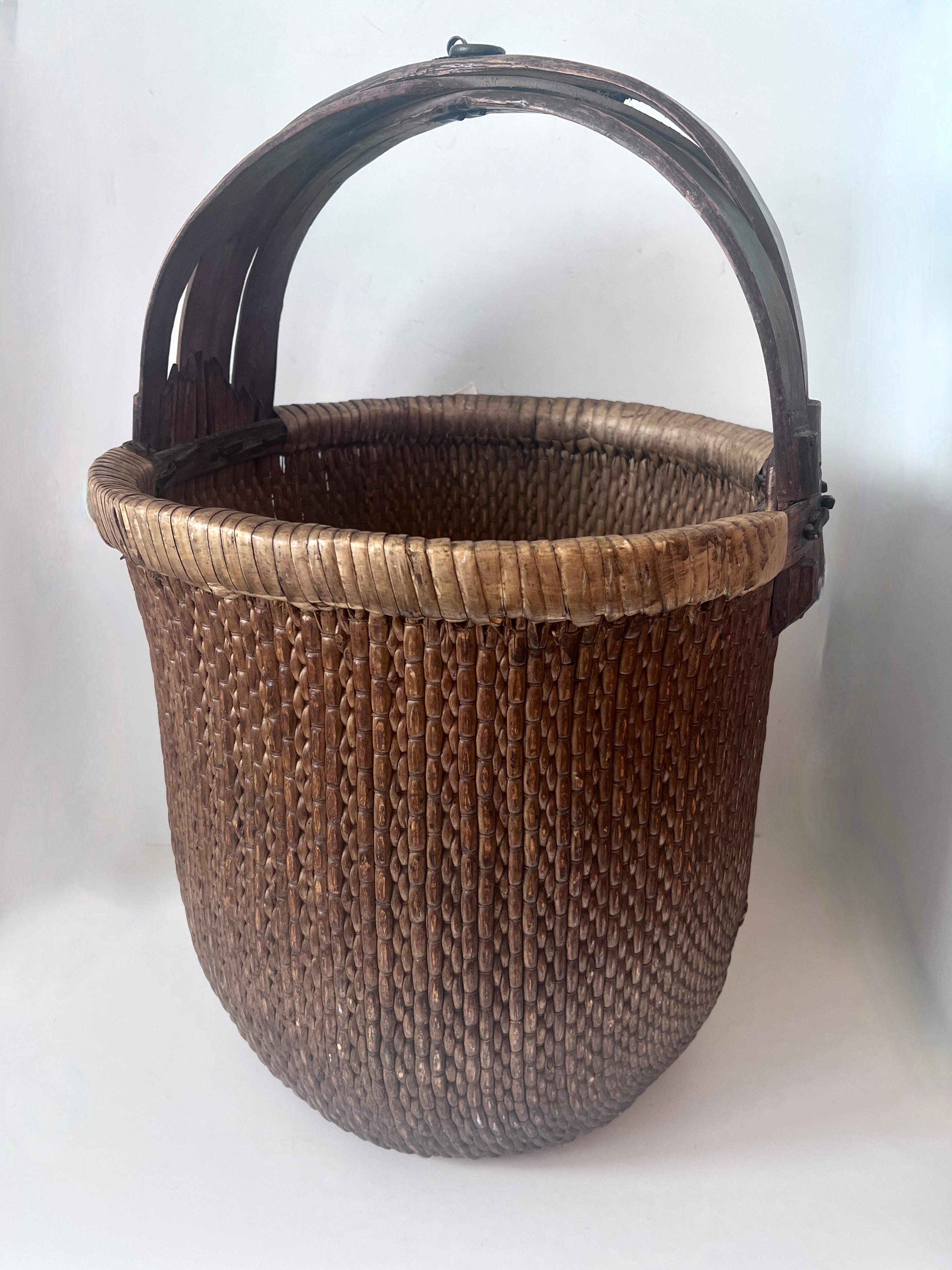 Meiji Hand Woven Rice Basket with Wooden Frame and Handle For Sale