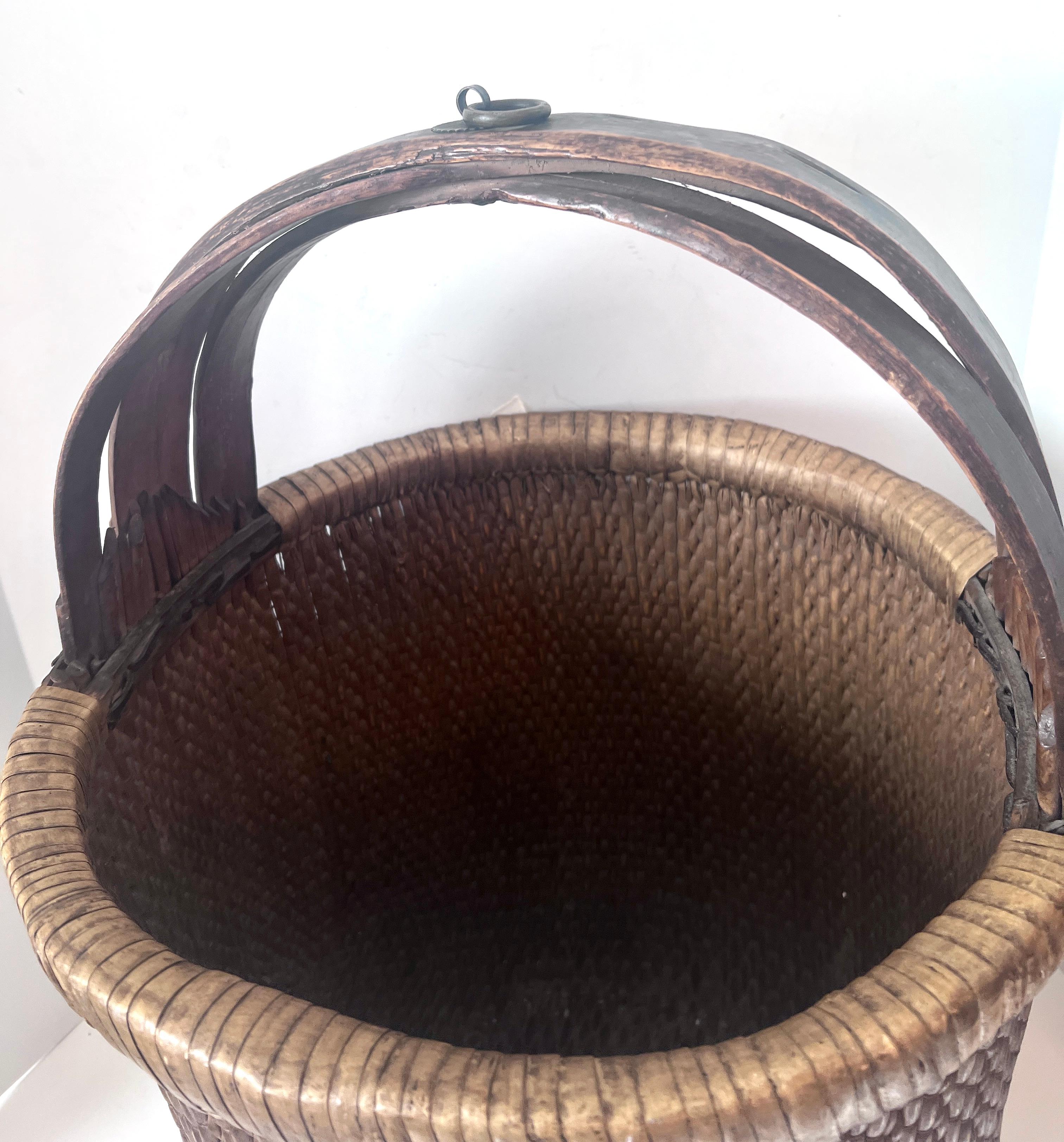 Hand-Woven Hand Woven Rice Basket with Wooden Frame and Handle For Sale