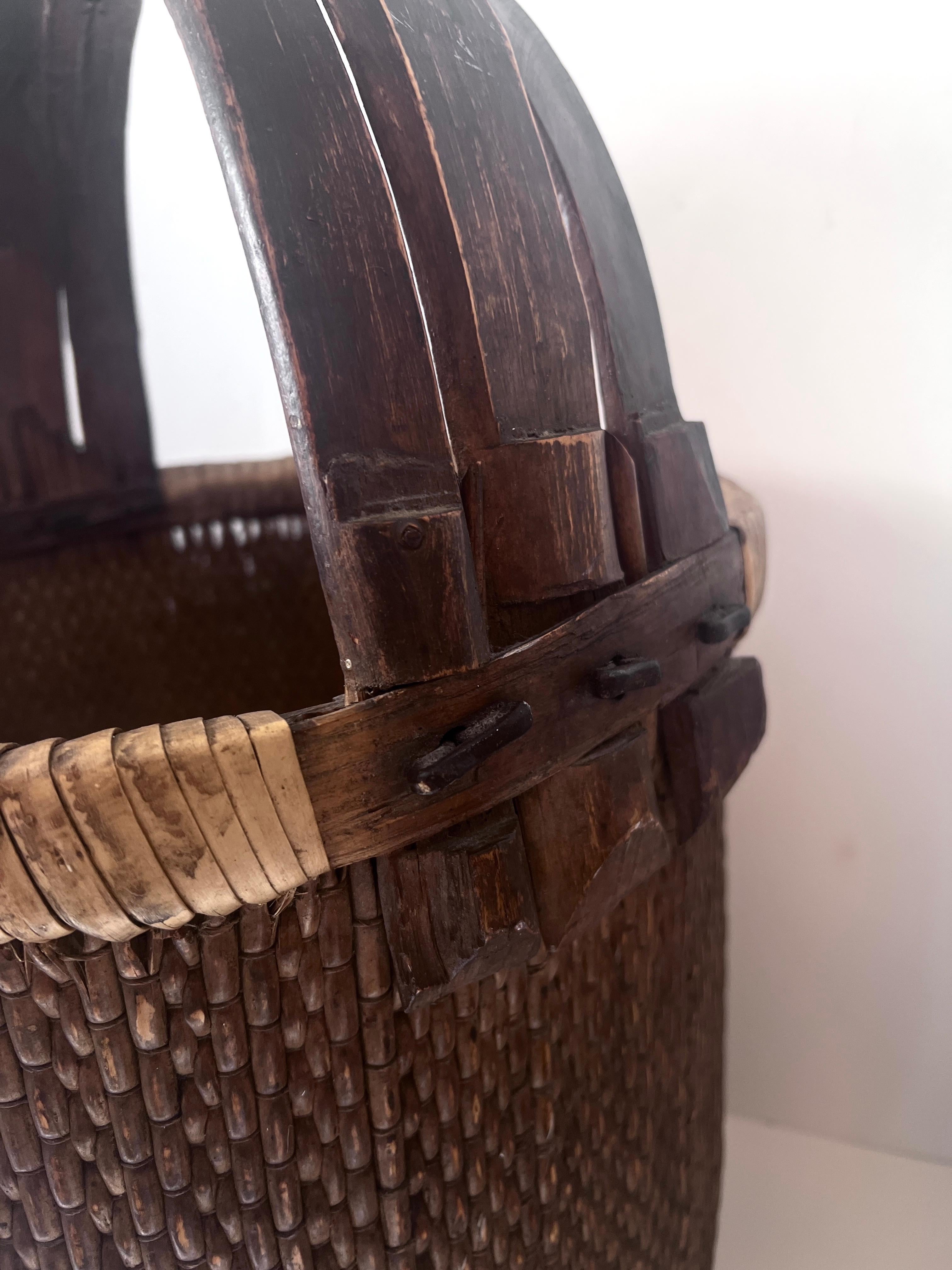 Cane Hand Woven Rice Basket with Wooden Frame and Handle For Sale