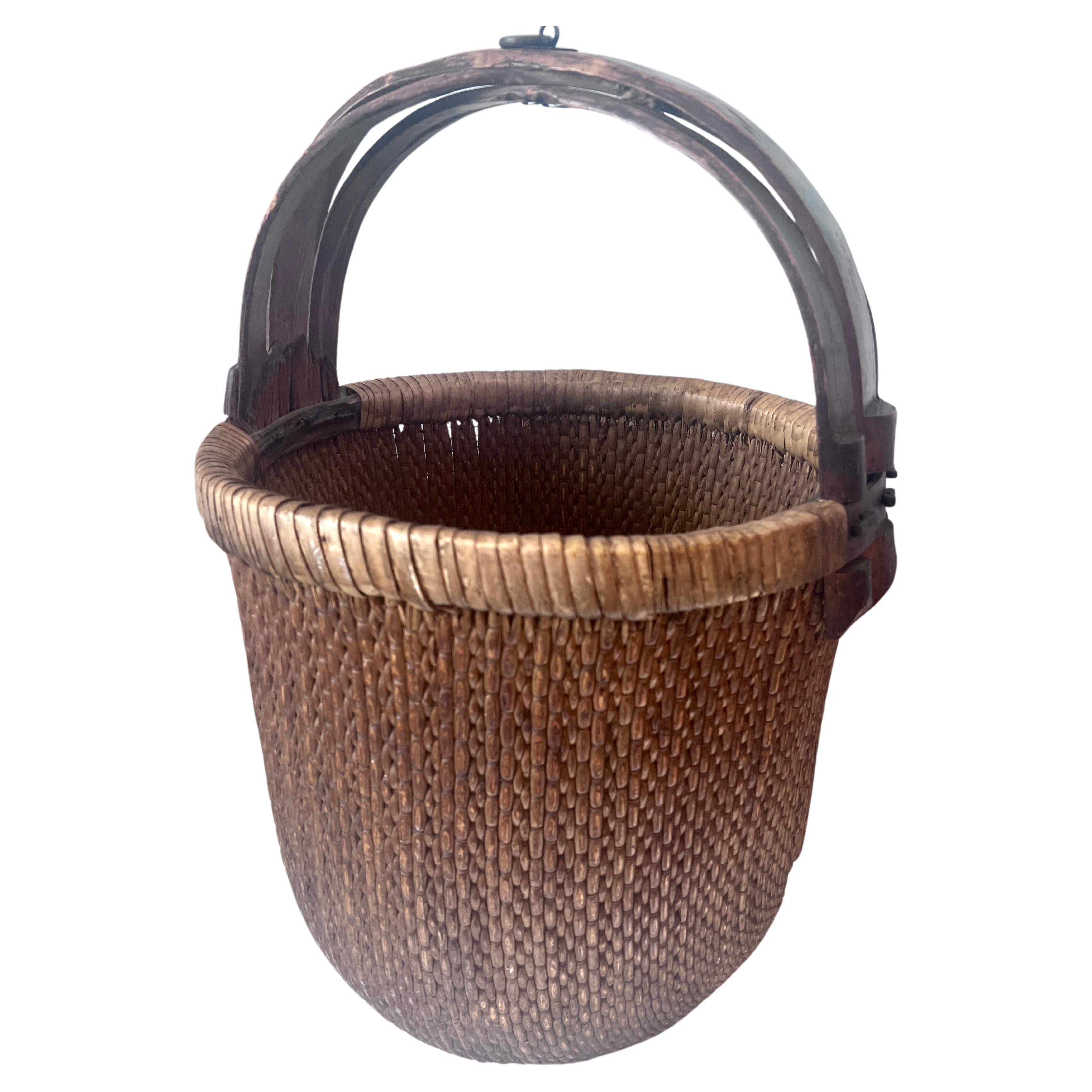 Hand Woven Rice Basket with Wooden Frame and Handle For Sale