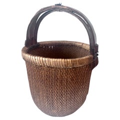 Vintage Hand Woven Rice Basket with Wooden Frame and Handle