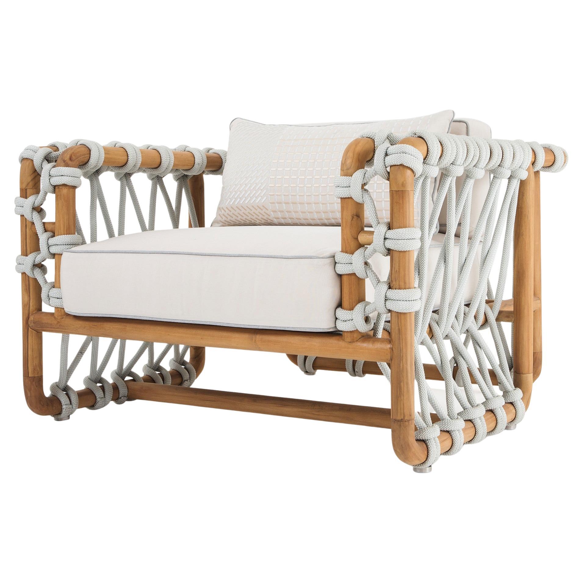 Hand-Woven Rope Outdoor Lounge Chair In Solid Teak For Sale