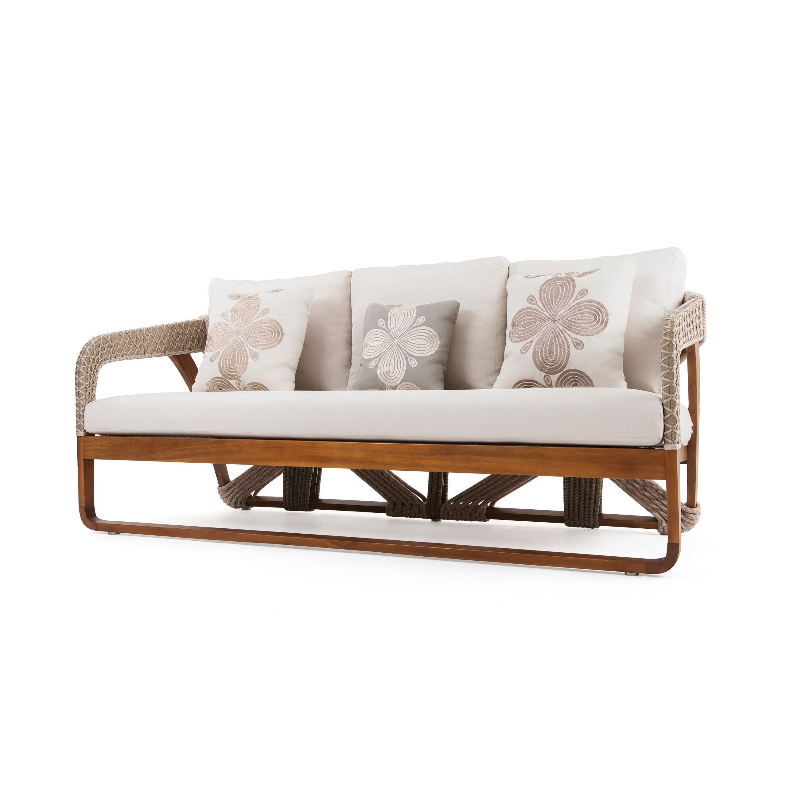 Contemporary Hand-Woven Rope Outdoor Sofa in Solid Teak For Sale
