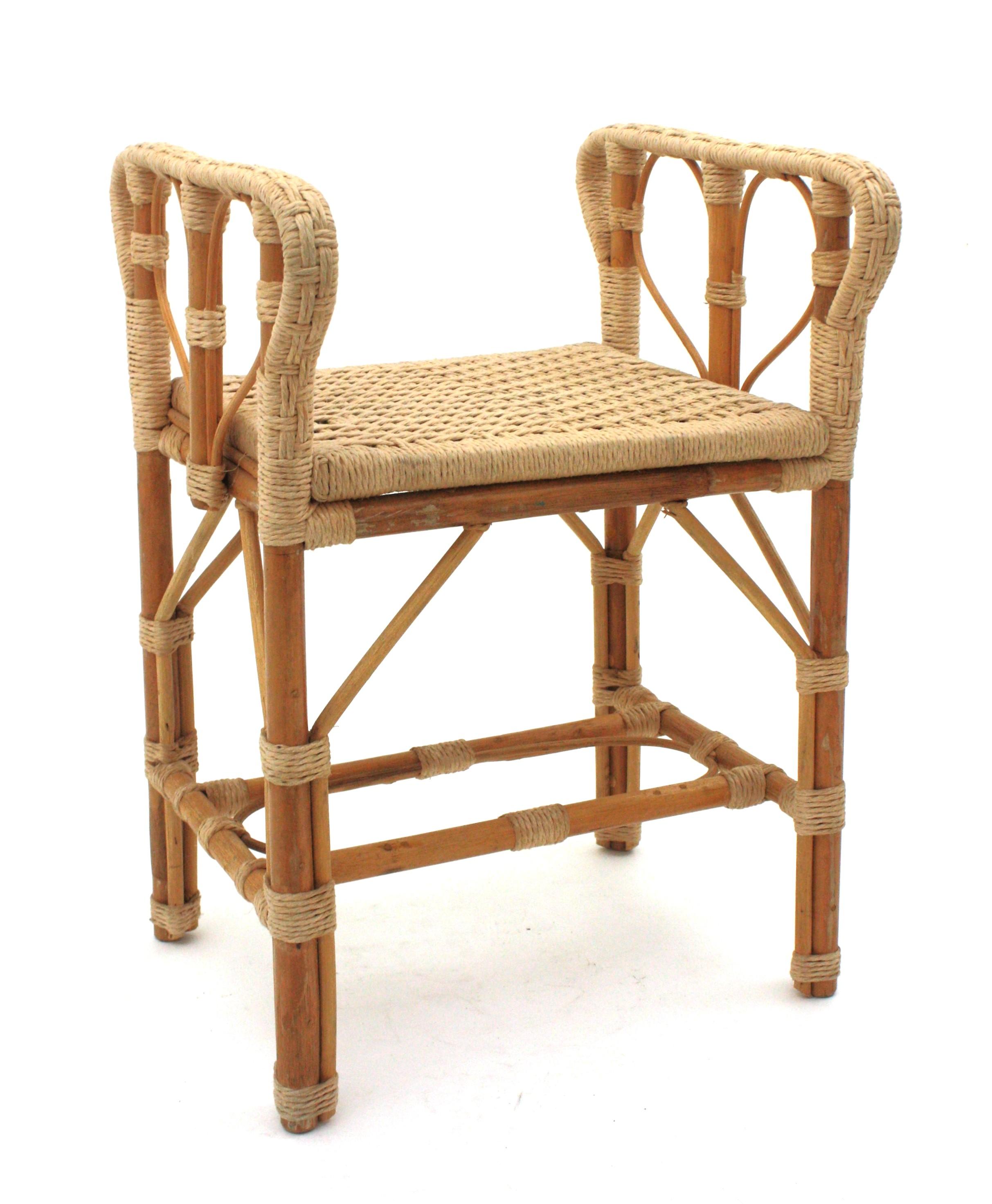 Mid-Century Modern Hand Woven Rope Rattan Stool or Side Table,  Spain, 1960s For Sale