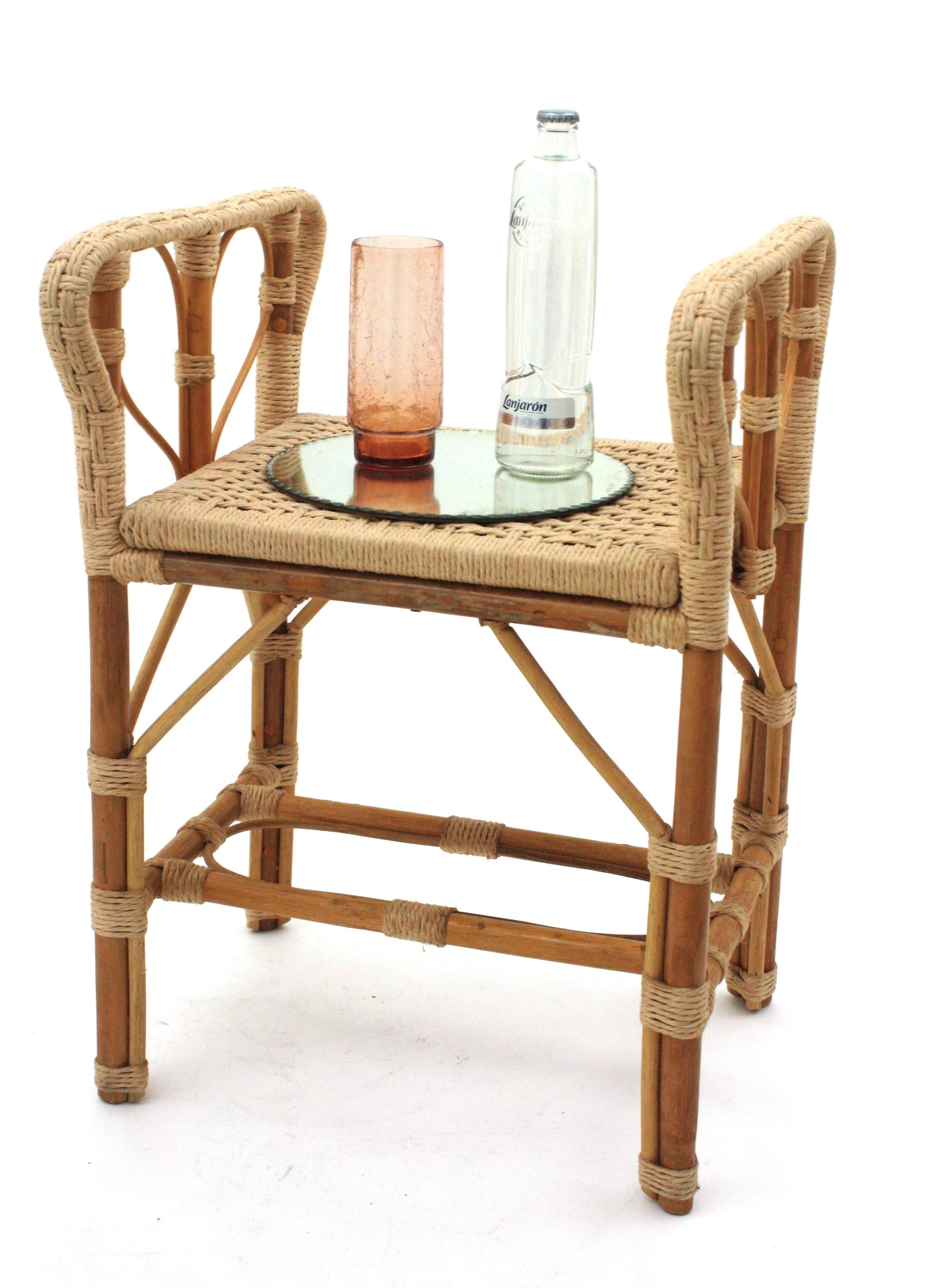 Hand-Crafted Hand Woven Rope Rattan Stool or Side Table,  Spain, 1960s For Sale