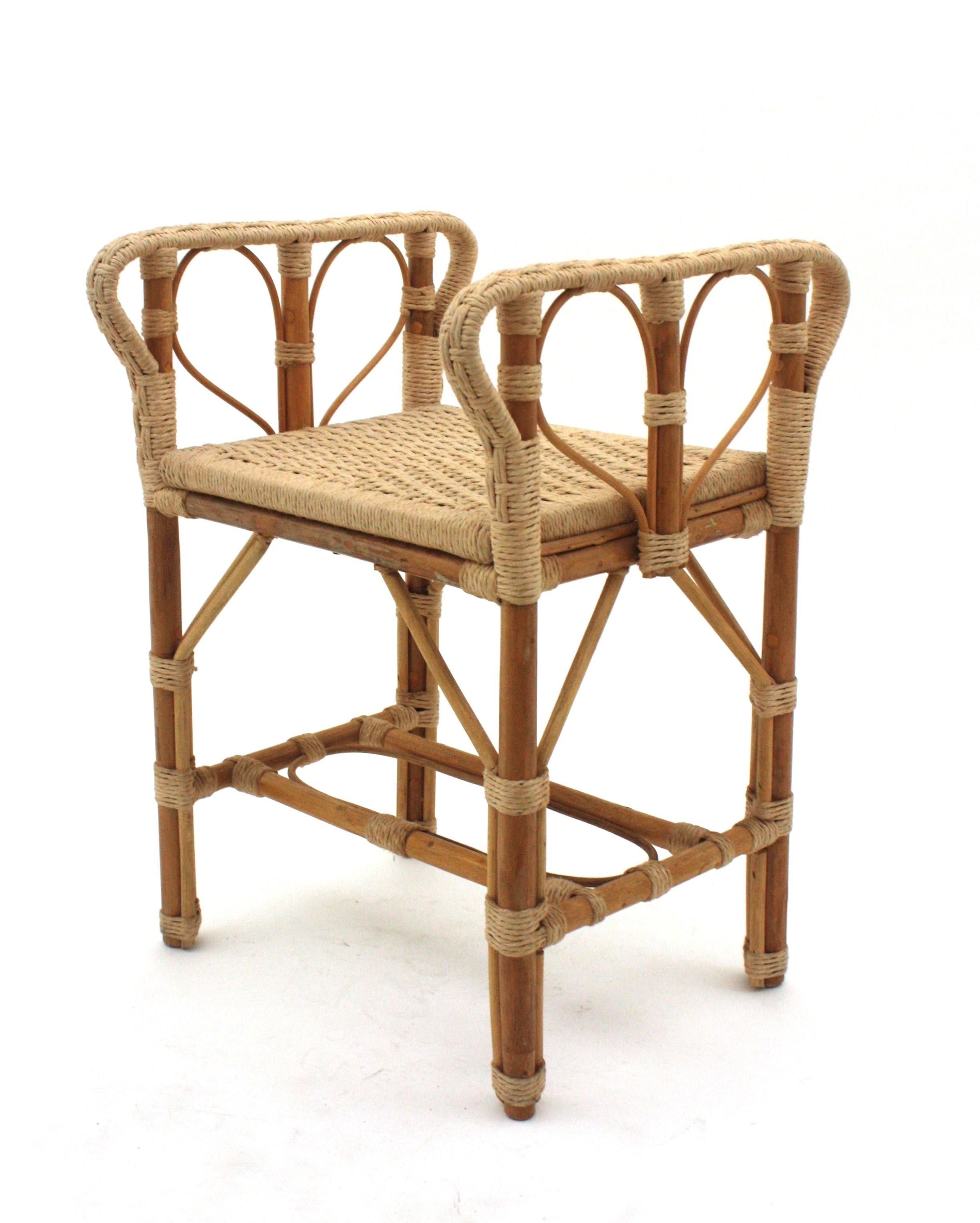 20th Century Hand Woven Rope Rattan Stool or Side Table,  Spain, 1960s For Sale