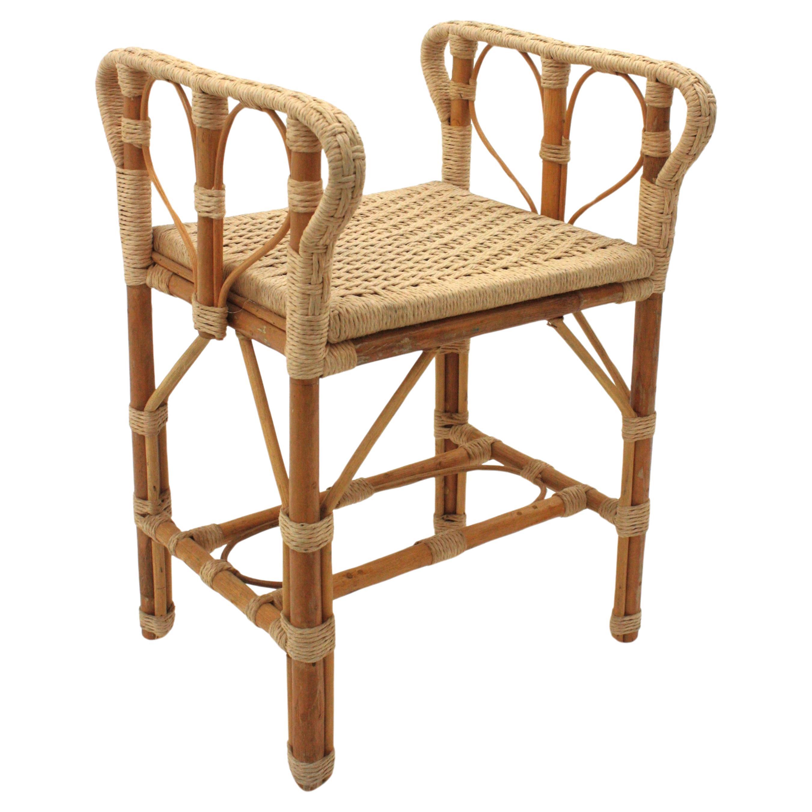 Hand Woven Rope Rattan Stool or Side Table,  Spain, 1960s For Sale
