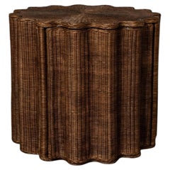 Ruby Scalloped Wicker Side Table with Hidden Storage - Teak Finish