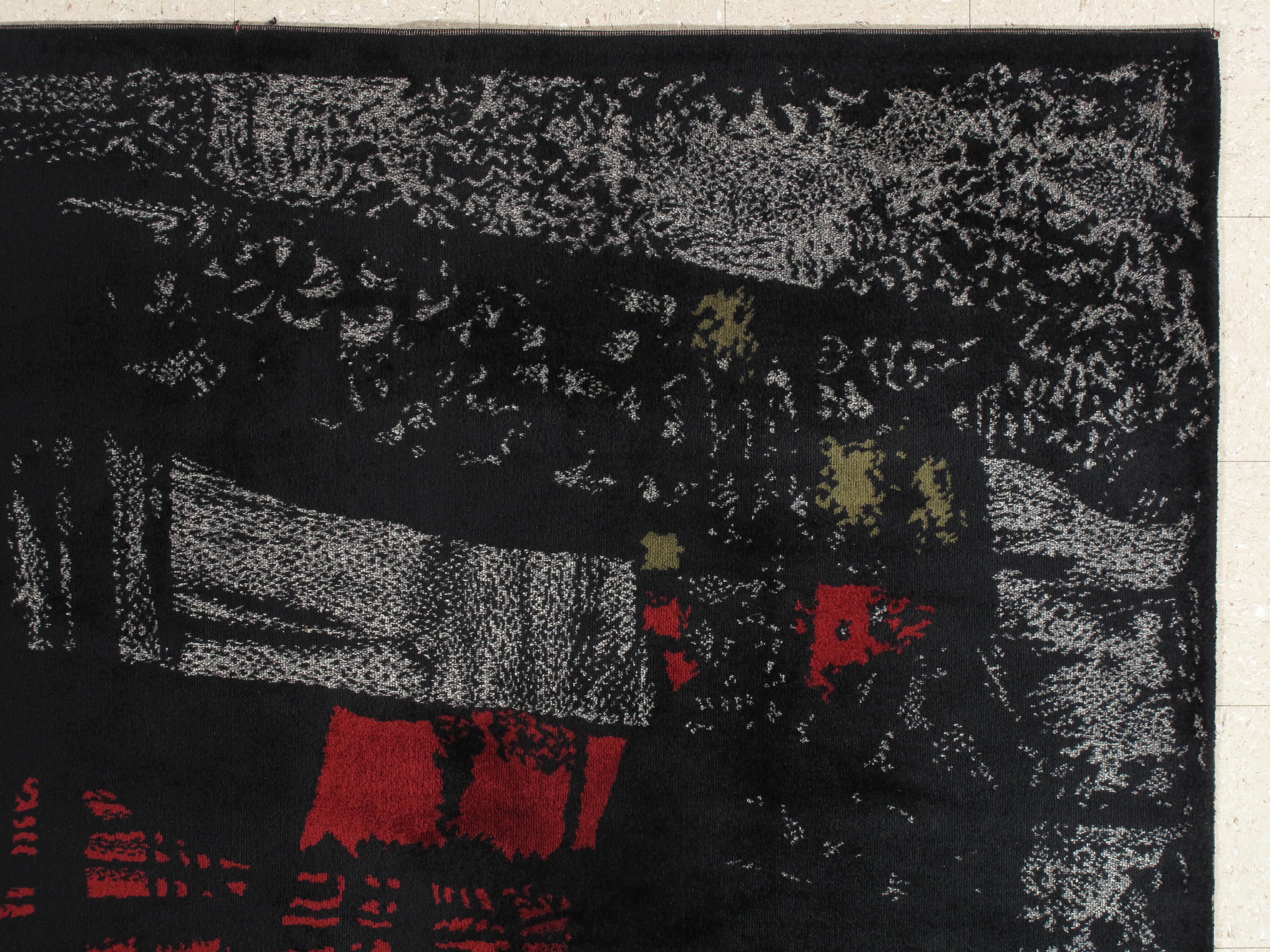 An exceptional rug made in Aubusson, by Maurice André, France 1950. This Post-modern, Forme-Libre, Geometrical Abstraction, piece is made in thick wool in dark red, grey, dark brown, on black background.

Signature on bottom left. 

Size: