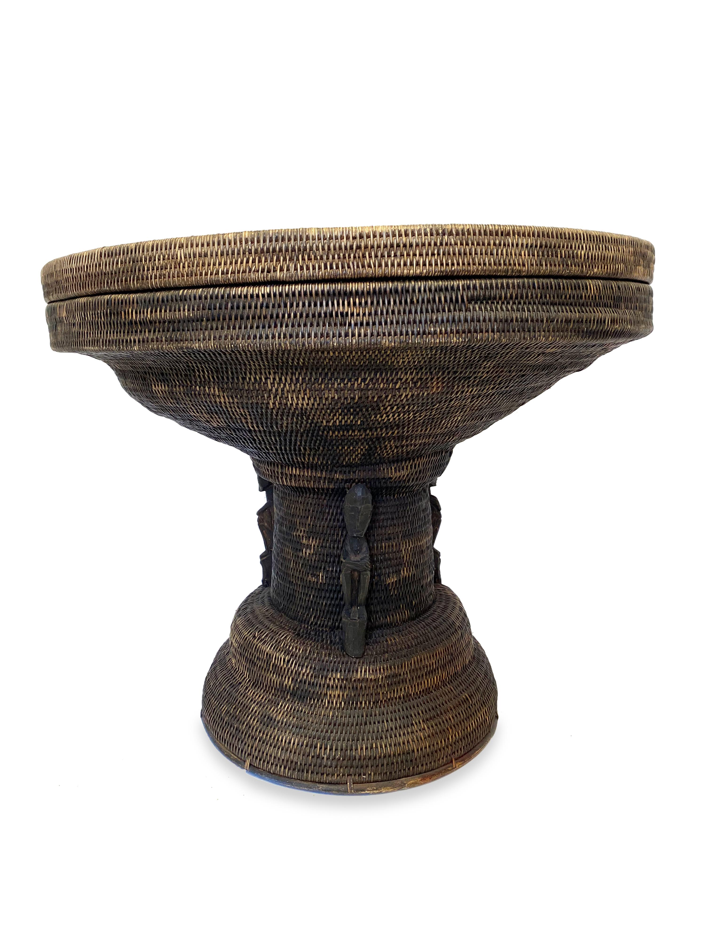 Hand Woven Side Table / Basket with Hand Carved Details In Good Condition In New York, NY