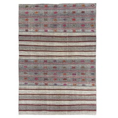 8x11.2 Ft Vintage Hand-Woven Striped Goat Hair Kilim with Colorful Embroidery