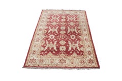 Hand Woven Turkish Red & Beige Geometric Floral Wool Carpet Area Rug 5' x 7'