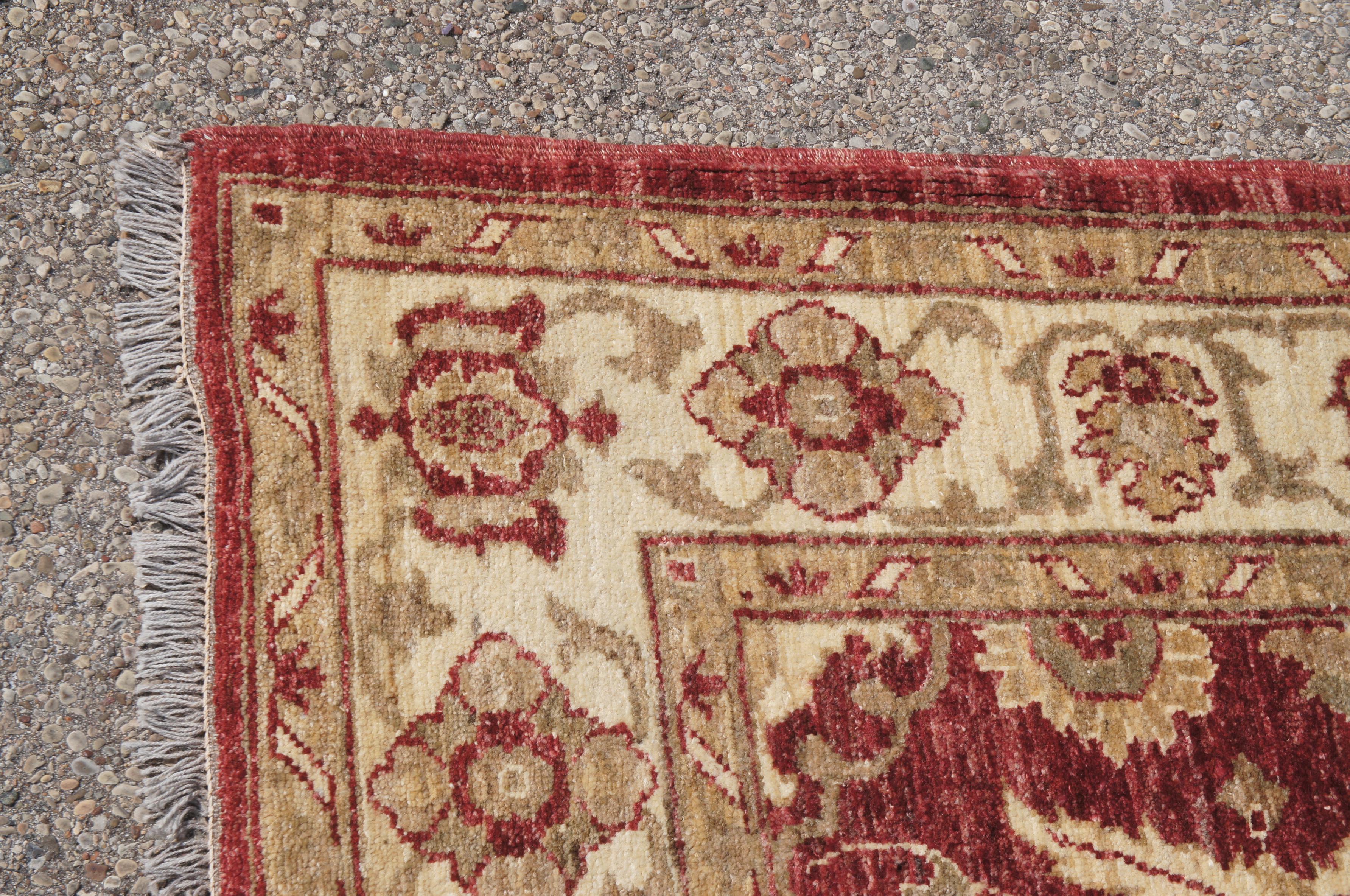 20th Century Hand Woven Turkish Red & Beige Geometric Floral Wool Carpet Area Rug 5' x 7' For Sale
