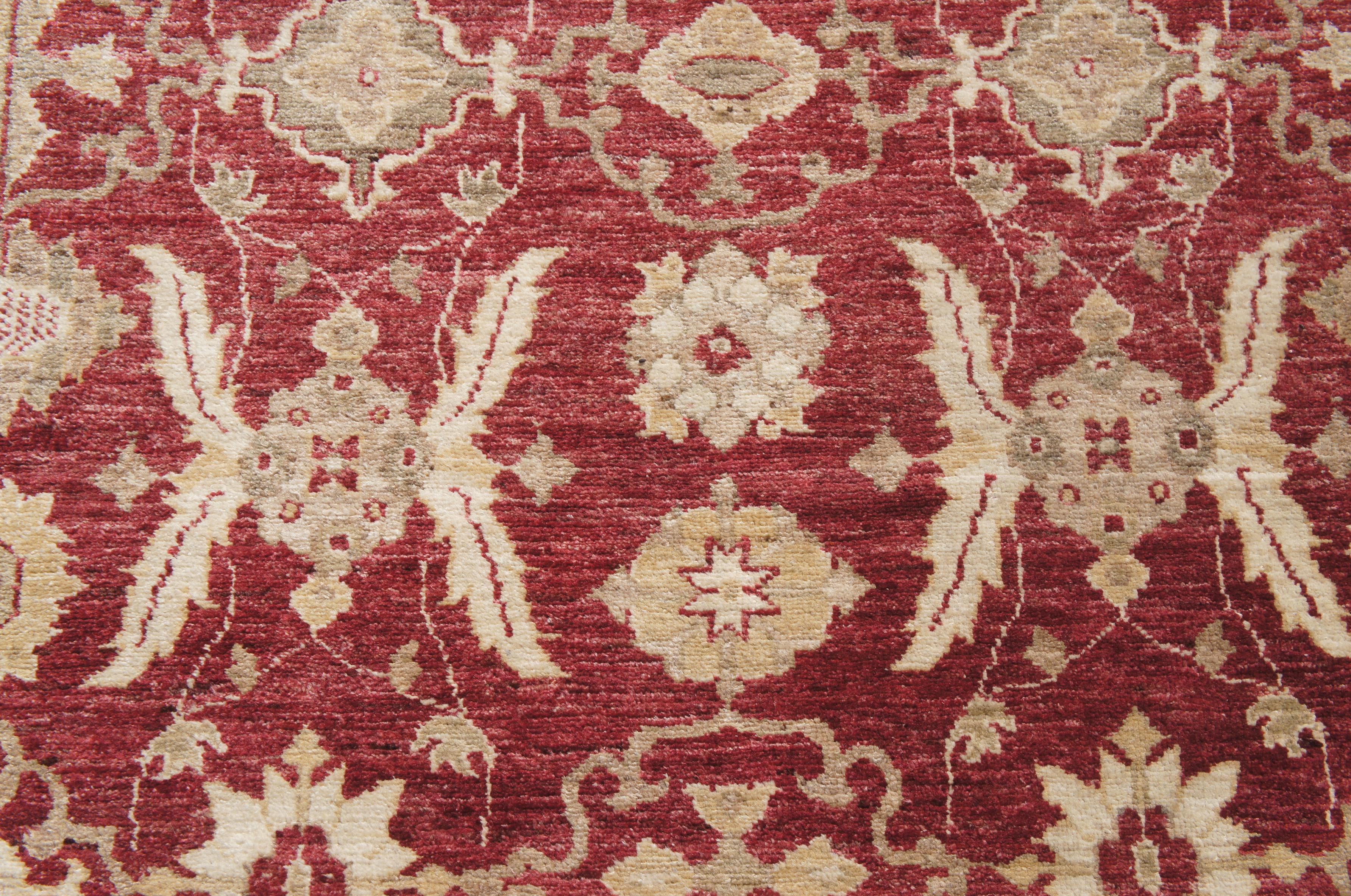Hand Woven Turkish Red & Beige Geometric Floral Wool Carpet Area Rug 5' x 7' For Sale 3
