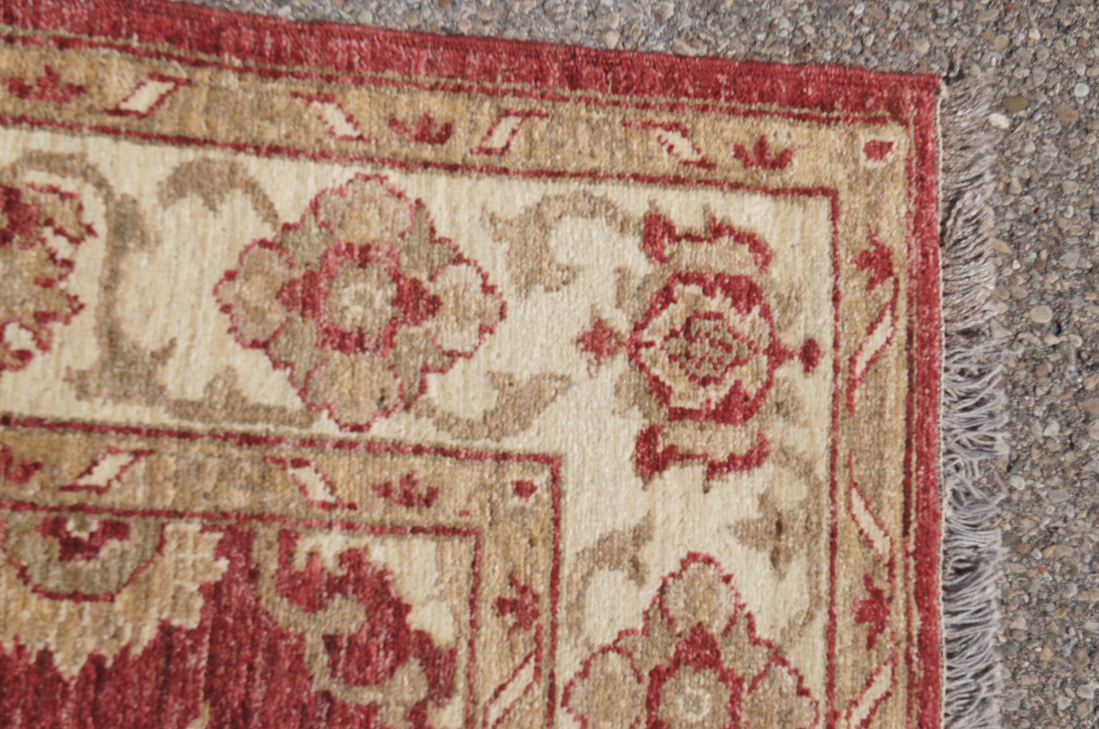 Hand Woven Turkish Red & Beige Geometric Floral Wool Carpet Area Rug 5' x 7' For Sale 5