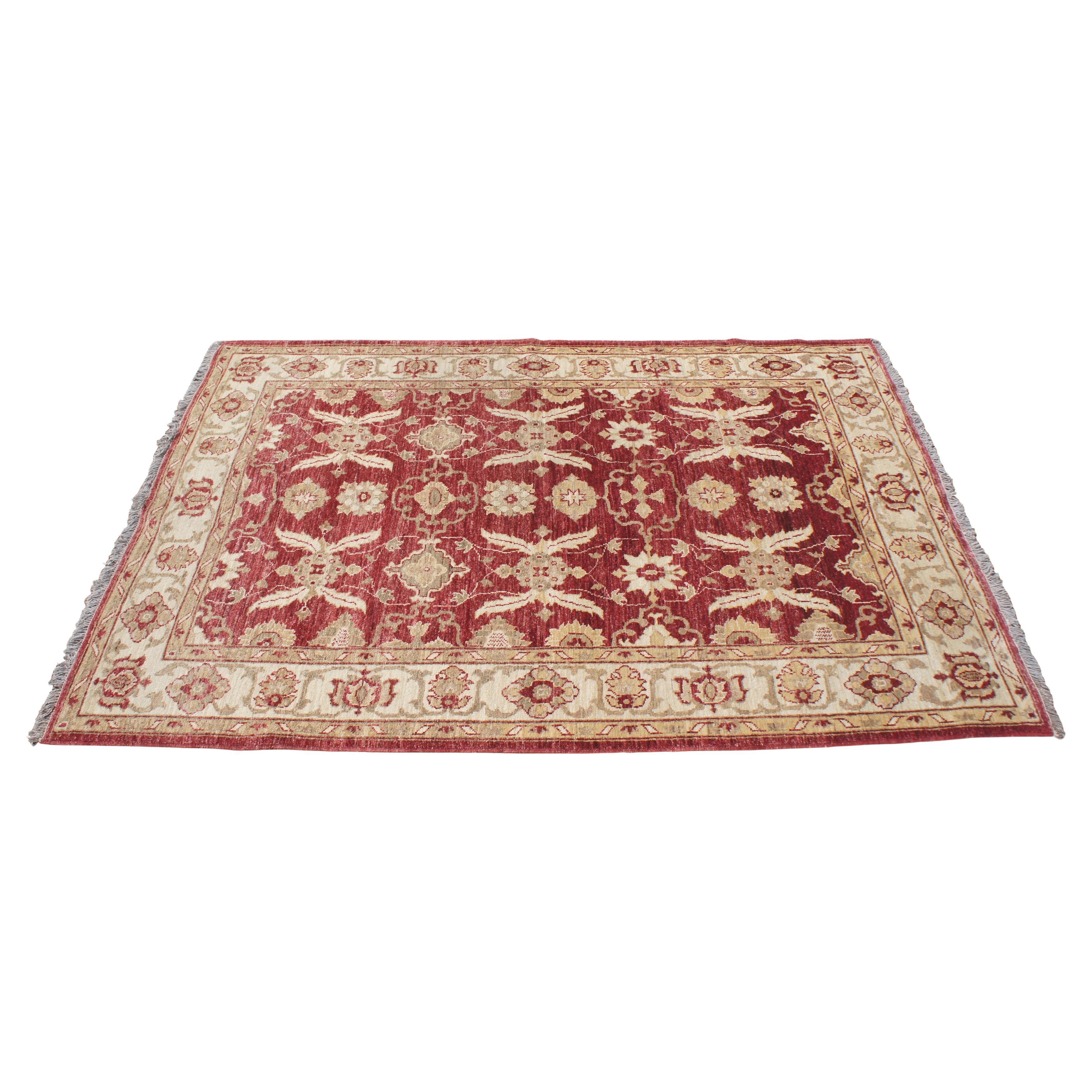 Handgewebter türkischer Teppich aus geometrischer Wolle in Rot & Beige mit Blumenmuster 5' x 7'
