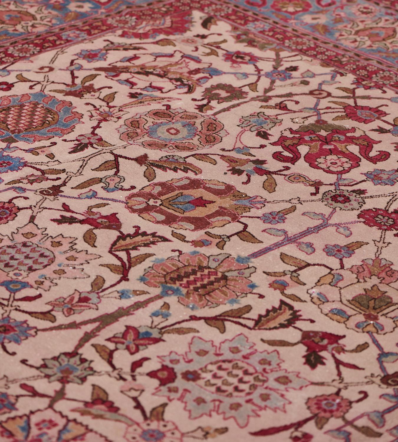 Hand-Knotted Hand-woven Vintage Circa-1940 Pink Floral Wool Persian Tabriz Rug For Sale