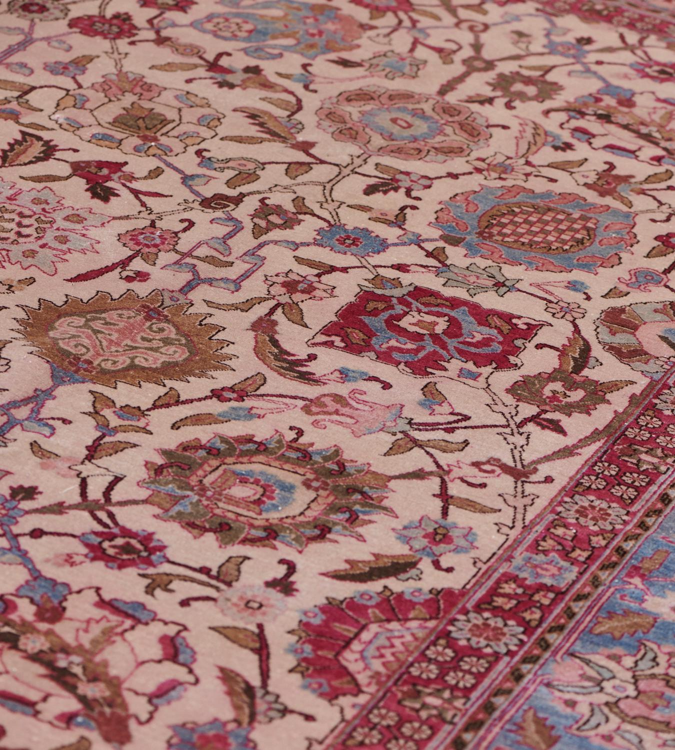 20th Century Hand-woven Vintage Circa-1940 Pink Floral Wool Persian Tabriz Rug For Sale