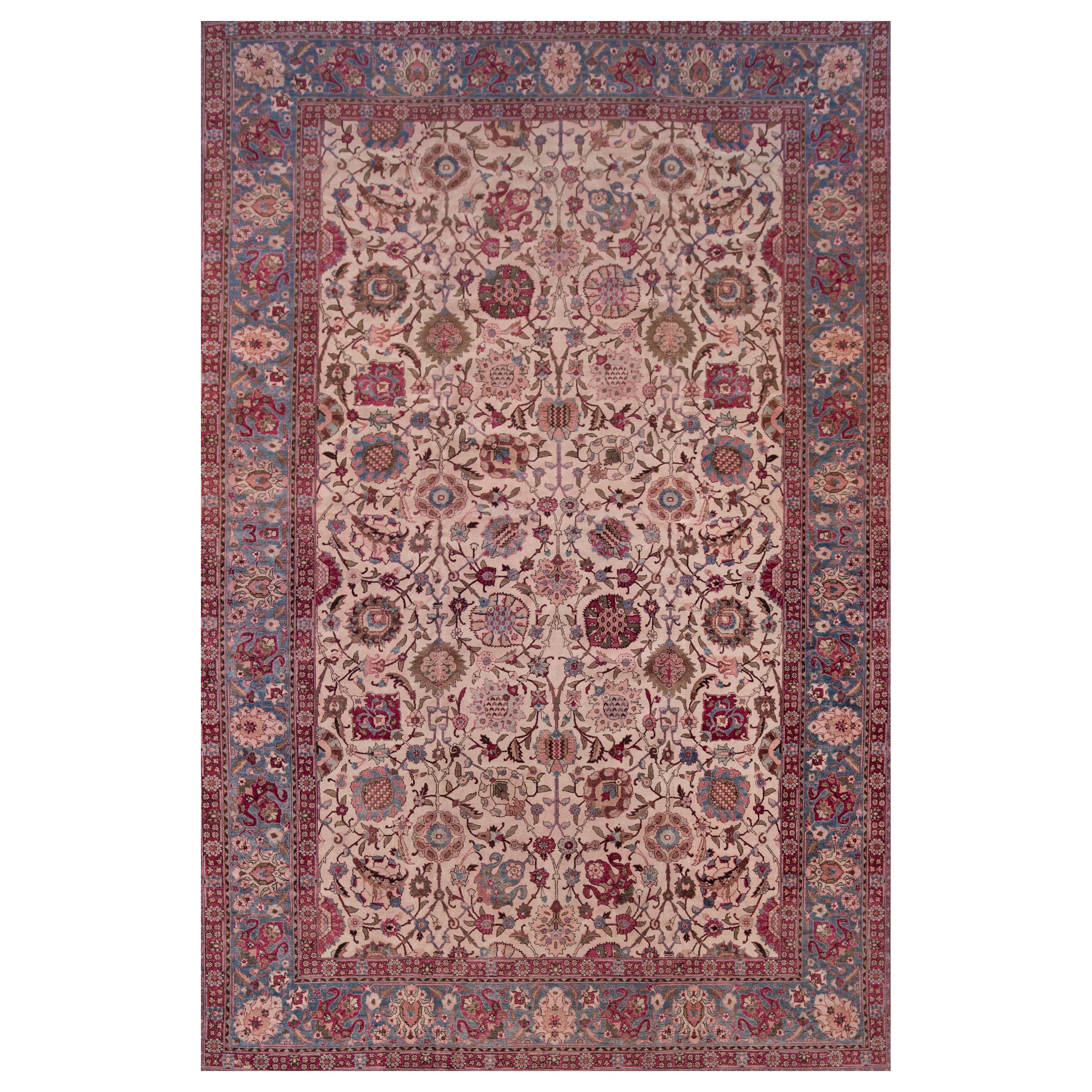 Tappeto Tabriz persiano in lana floreale rosa tessuto a mano, risalente a circa il 1940