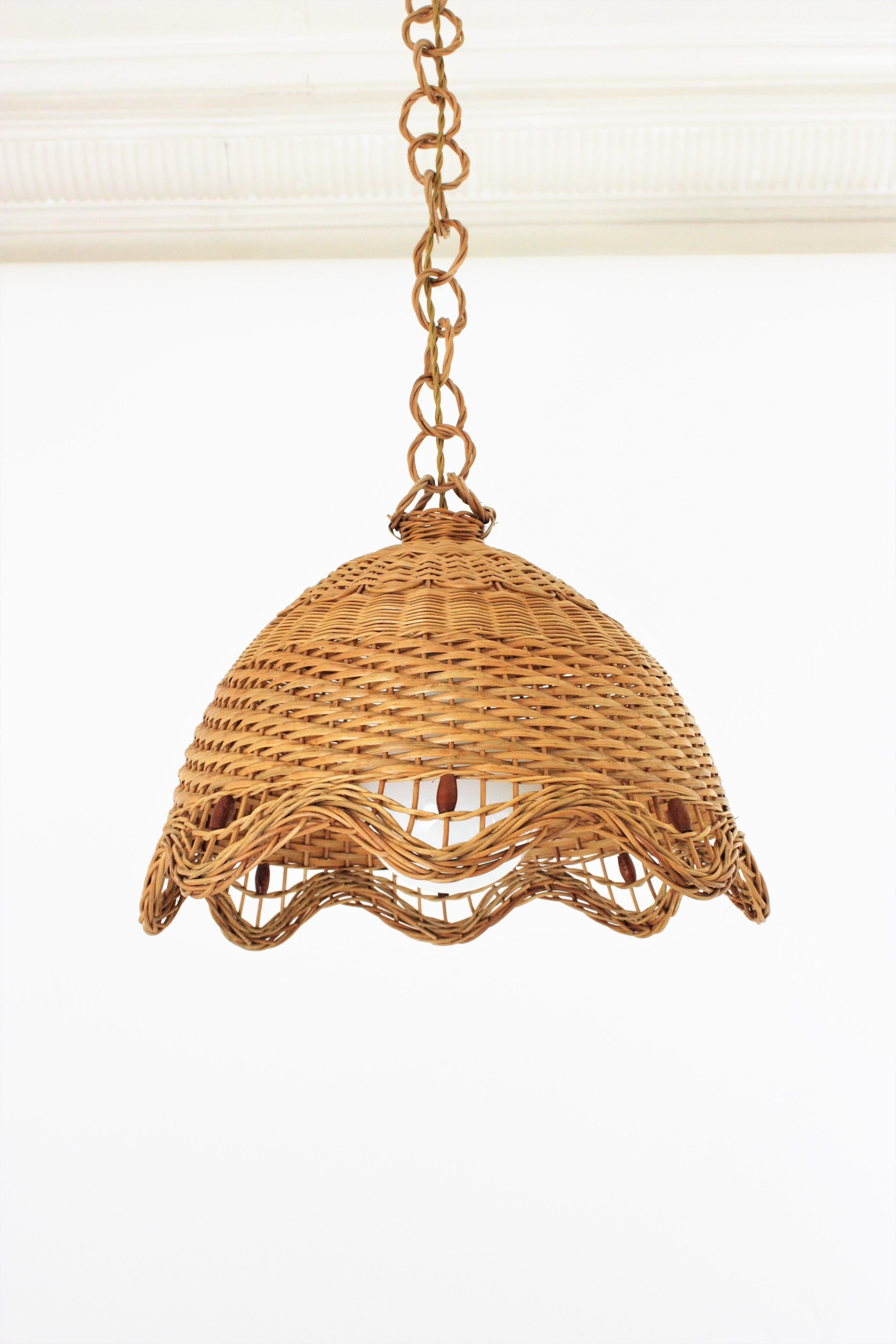 Rattan Wicker Hand Woven Pendant Light / Lantern, 1960s In Good Condition In Barcelona, ES