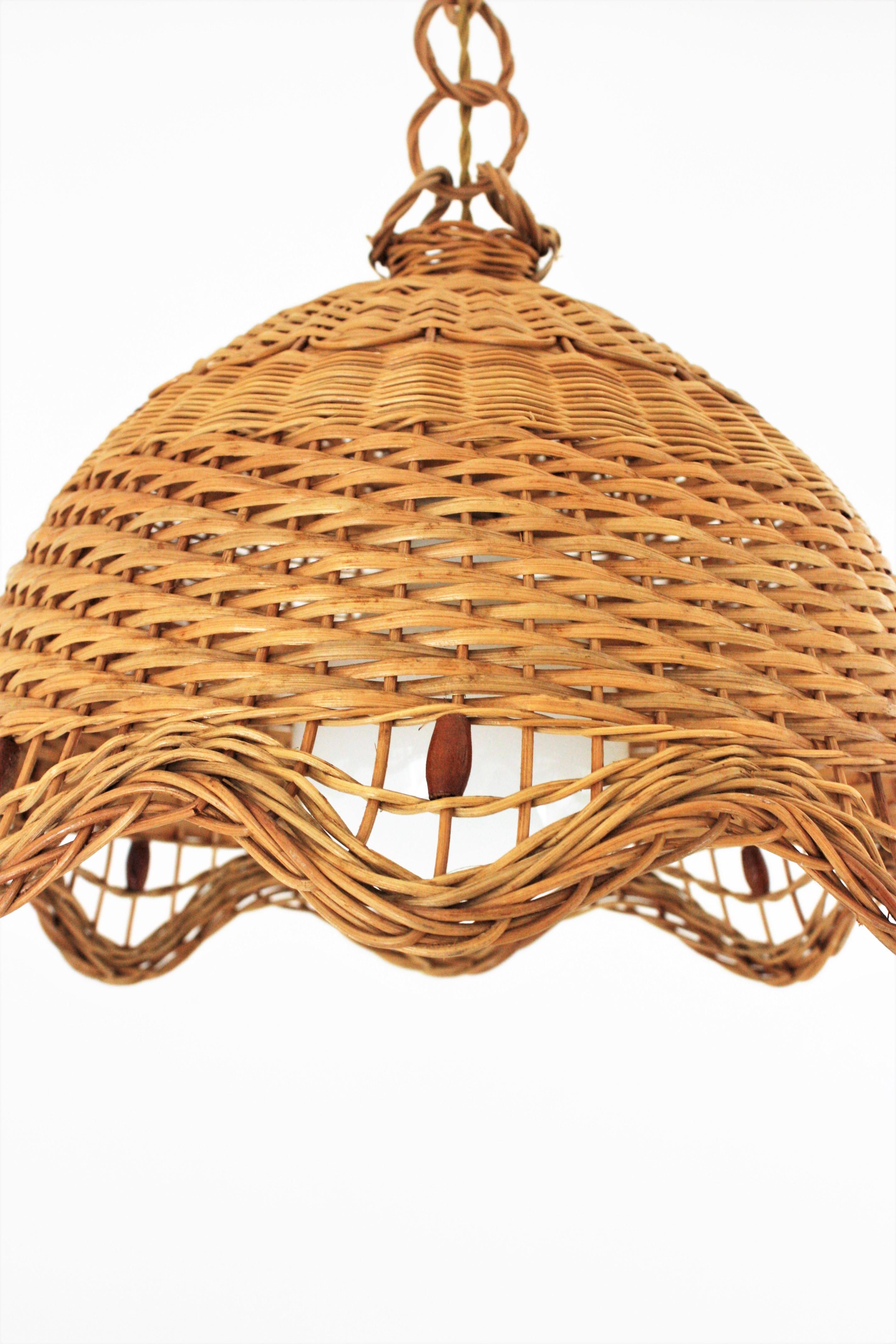 Rattan Wicker Hand Woven Pendant Light / Lantern, 1960s In Good Condition In Barcelona, ES