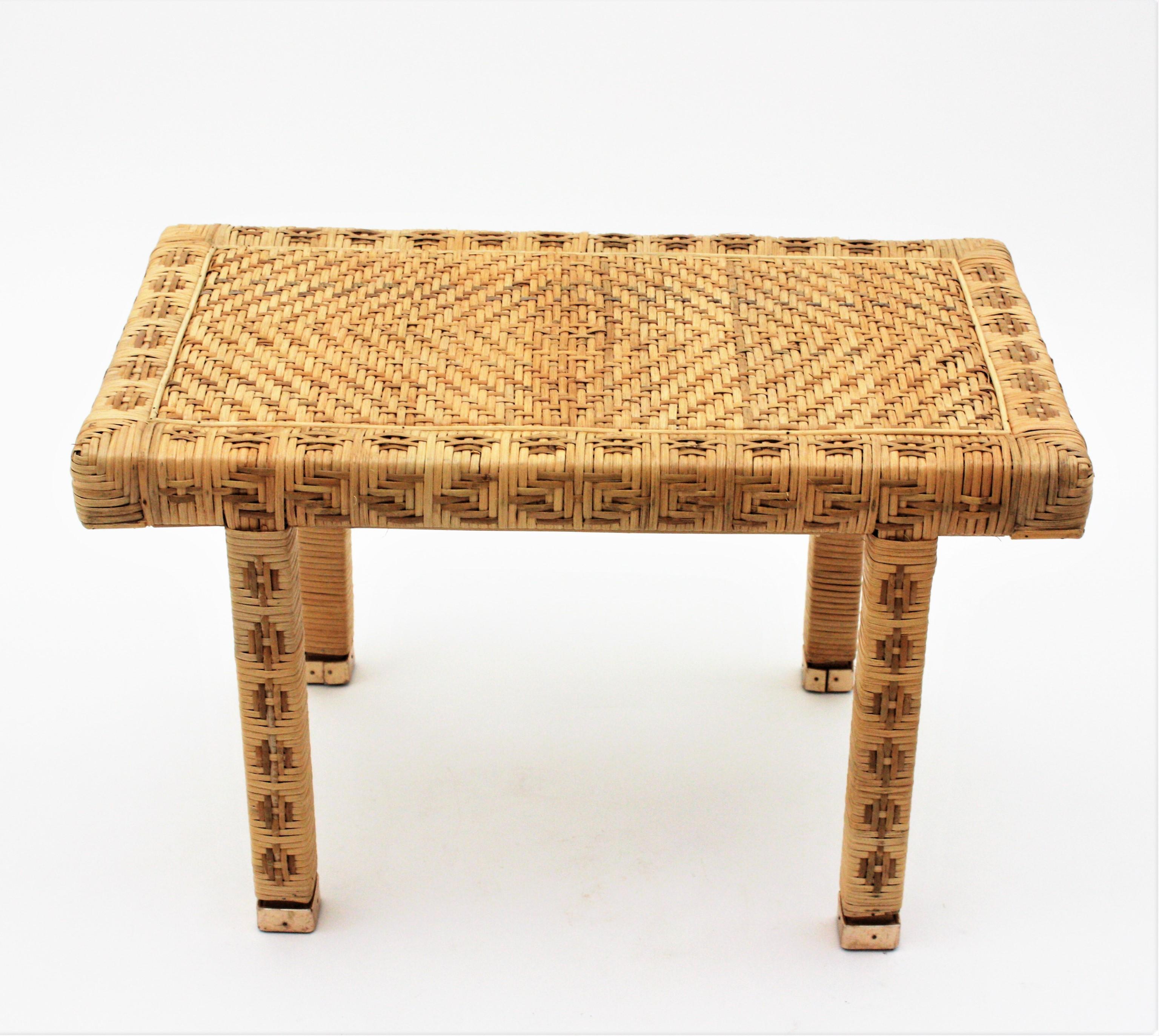 Spanish Hand Woven Wicker Rattan Stool or Side Table,  Spain, 1960s