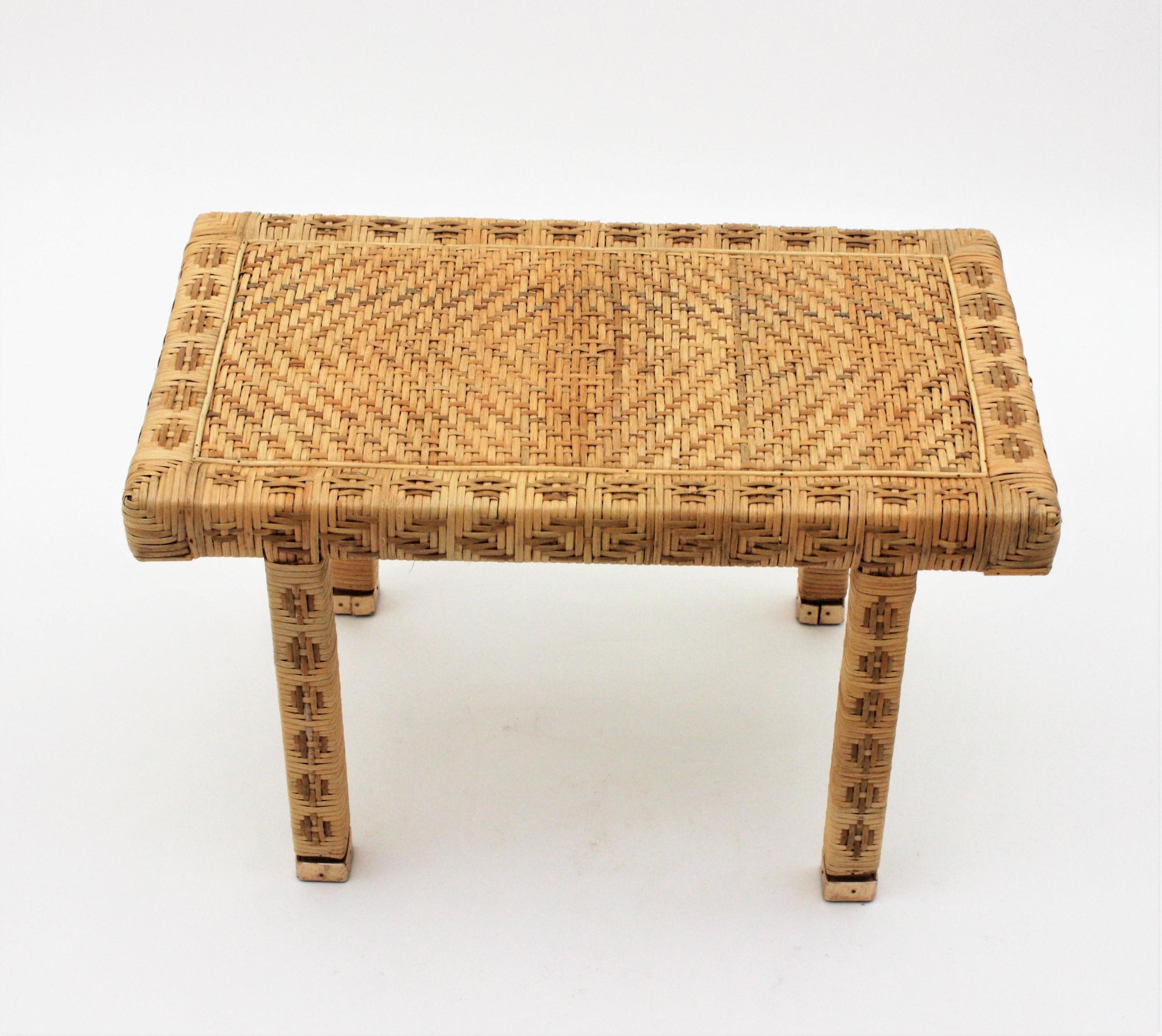 20th Century Hand Woven Wicker Rattan Stool or Side Table,  Spain, 1960s