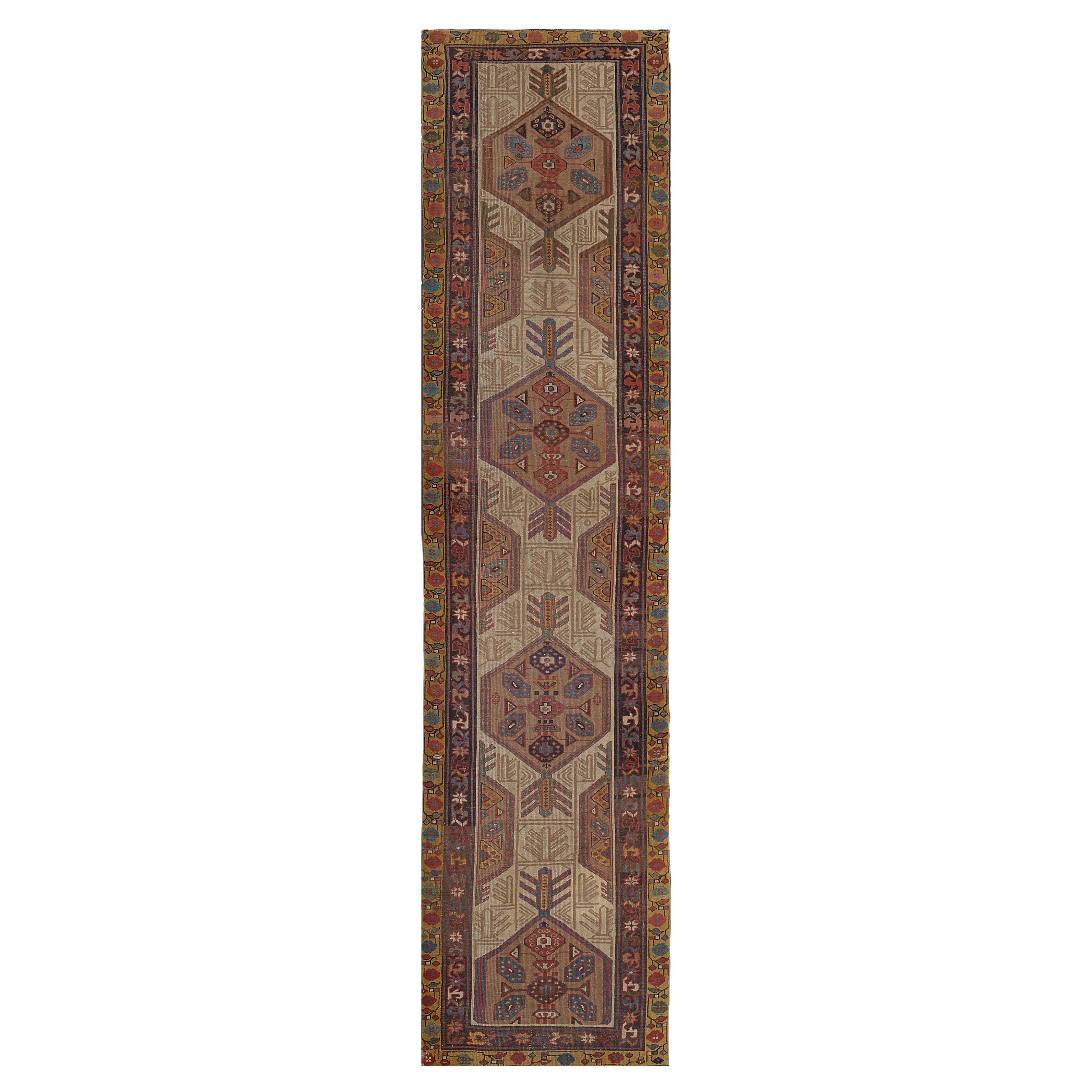 Hand-Woven Wool Antique Light-Brown Traditional Persian Serab Runner For Sale