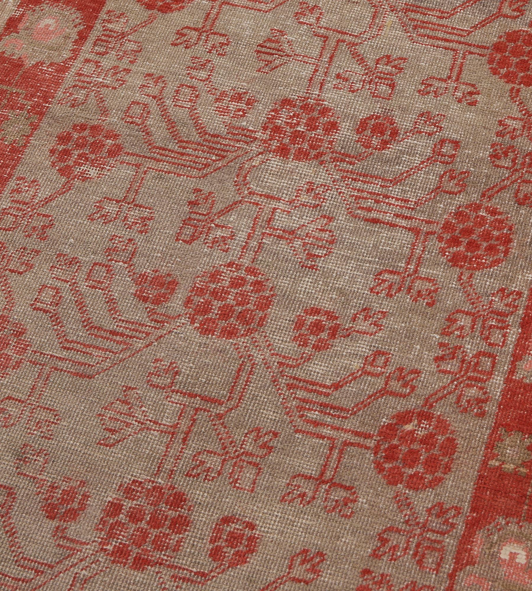 Hand-woven Wool Antique Red Pomegranate Floral Khotan Runner For Sale 2